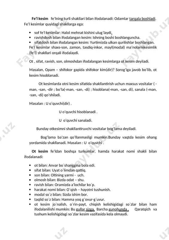 llari bilan ifodalanadi: odamlar tarqala boshladi. fe’l kesimlar quyidagi shakllarga ega: 1. sof fe’l kesimlar: halol mehnat kishini ulug`laydi. 1. ravishdosh bilan ifodalangan kesim: ishning boshi boshlanguncha. 1. sifatdosh bilan ifodalangan kesim: yurtimizda ulkan qurilishlar boshlangan. fe’l kesimlar shaxs-son, zamon, tasdiq-inkor, mayl(modal) ma’nolarnikesimlik (fe’l) shakllari orqali ifodalaydi. ot , sifat, ravish, son, olmoshdan ifodalangan kesimlarga ot kesim deyiladi. masalan, opam – shifokor gapida shifokor kim(dir)? sorog’iga javob bo’lib, ot kesim hisoblanadi. ot kesimlarda otni kesim sifatida shakllantirish uchun maxsus vositalar ( -man, -san, -dir ; bo’la(-man, -san, -di) ; hisoblana(-man, -san, di), sanala (-man, -san, -di) qo’shiladi. masalan : u o’quvchi(dir) . u o’quvchi hisoblanadi . u o’quvchi sanaladi. bunday otkesimni shakllantiruvchi vositalar bog’lama deyiladi. bog’lama ba’zan qo’llanmasligi mumkin.bunday vaqtda kesim ohang yordamida shakllanadi. masalan : u o’quvchi . ot kesim fe’ldan boshqa turkumlar, hamda harakat nomi shakli bilan ifodalanadi: 1. ot bilan: anvar bo`shanggina bola edi. 1. sifat bilan: …