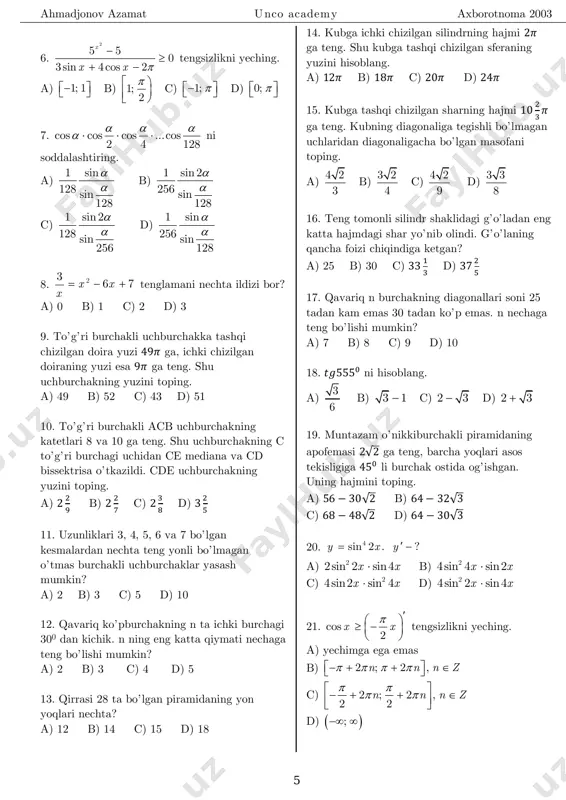 a) 12 b) 14 c) 15 d) 16 3-variant 1. a ning qanday haqiqiy qiymatlarida 4 2 2x a x a   tenglama uchta turli haqiqiy ildizga ega bo’ladi? a) (0: 4) b) 2 c) 0 va 1 d) [0; 1] 2. agar 2 2 2 2 1m n p q    va mp+nq=0 bo’lsa, mn+pq ning qiymatini toping. a) 1 b) 0 c) 2 d) 4 3.  na ketma-ketlikning dastlabki n ta hadining yig’indisi 211 4ns n  formula bo’yicha hisoblanadi. 5 6a a ning qiymatini toping. a) 60 b) 80 c) -80 d) -60 4. lg , lg 3a b va sonlar ko’rsatilgan tartibda arifmetik progressiyani tashkil etadi. agar 4 2a b bo’lsa, a b ning qiymatini toping. a) 1000 b) 300 c) 101 d) 110 5.  nb geometrik progressiyada 4 2 2 324 6b b va b b    bo’lsa, …