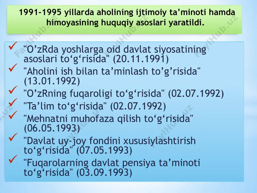 миятнинг иқтисодий негизлари 55-модда. ер, ер ости бойликлари, сув, ўсимлик ва ҳайвонот дунёси ҳамда бошқа табиий захиралар умуммиллий бойликдир, улардан оқилона фойдаланиш зарур ва улар давлат муҳофазасидадир. "tabiatni muhofaza qilish tо‘g‘risida" (1992 y.) "suv va suvdan foydalanish tо‘g‘risida" (1993, 2009 y.) havo kodeksi (1998 y.) "atmosfera havosini muhofaza qilish tо‘g‘risida" (1996 y.) "о‘simlik dunyosini muhofaza qilish va undan foydalanish tо‘g‘risida" (1997) "hayvonot dunyosini muhofaza qilish va undan foydalanish tо‘g‘risida" (1997) yer kodeksi (1998 y.) "о‘rmon tо‘g‘risida" (1999 y.) "ekolo­gik ekspertiza tо‘g‘risida" (2000 y.) "yer osti boyliklari tо‘g‘risida" (2002 y.) "chiqindilar tо‘g‘risida" (2002 y.) "muhofaza etiladigan tabiiy hududlar tо‘g‘risida" (2004 y.) “ekologik nazorat tо‘g‘risida” (2013 y.) соҳага оид қонунлар: 1988 йил апрел - ўзбекистон республикаси табиатни муҳофаза қилиш давлат қўмитаси ташкил этилади. 2008 yil 2 avgustda o’zbekiston ekologikharakati tuzildi. 2017-2021 йилларга мўлжалланган ҳаракатлар стратегиясининг давлат бошқарувида маъмурий ислоҳотлар концепцияси доирасида: биологик хилма-хиллик ва қўриқланадиган табиий ҳудудларни муҳофаза қилиш ва улардан фойдаланишни …
