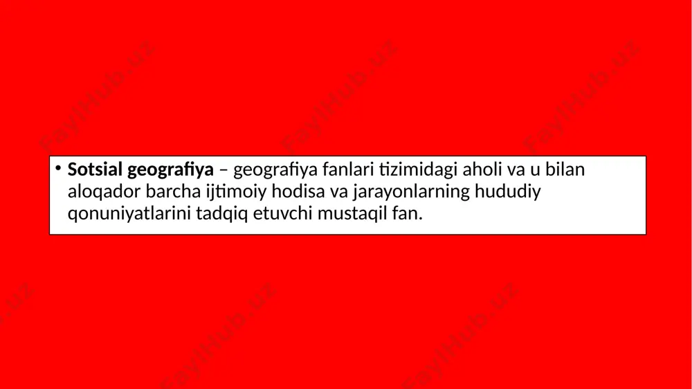 m ijtimoiy geografiyani shakllanishining ilk asosi bevosita aholi geografiyasi bilan bog’langan. aholiga xizmat ko’rsatish sohalari geografiyasi, rekreatsiya, tibbiyot, madaniyat, ta’lim va fan geografiyalarining rivojlanishi bilan ijtimoiy geografiya yanada keng quloch yozdi. shuning bilan birga uning jinoyatchilik, xulq-atvor va turmush tarzi geografiyalari kabi bo’limlari o’z tadqiqotchilarini kutmoqda. hozirgi kunda ijtimoiy geografiyaning tor va keng ma’nodagi talqini mavjud: jumladan, professor a.s.soliyevning ta’kidlashicha, tor ma’nodagi ijtimoiy geografiya (ya’ni, sotsial geografiya) — bu bevosita inson hayoti bilan borliq masalalarning hududiy jihatlarini, uning o’zi yashab turgan muhiti bilan munosabatini o’rganuvchi fandir. keng ma’nodagi ijtimoiy geografiya esa o’z ichiga tor ma’nodagi sotsial geografiya va insonning ijtimoiy hayot tarzi, madaniy, ma’naviy, ruhiy rivojlanishi masalalarining hududiy qirralarini ham qamrab oladi. ijtimoiy — geografik tadqiqotlarning obyekti va mohiyati. xususidagi ilk konkret natijalarni r.m.kaboning ishlarida uchratamiz jumladan, uning fikricha «ijtimoiy-madaniy» geografiya mehnat faoliyati bilan bog’langan aholi joylashuvi tiplari uning turmush tarzi madaniy xususiyat-larining hududiy tafovutlari har bir ijtimoiy — hududiy …