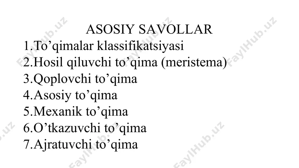 to’qimalar klassifikatsiyasi o’tkazuvchi to’qimalar: 1. ksilema (yog’ochlik); 2. floema (lub) g’amlovchi to’qimalar assimiliatsiya to’qimalar so’ruvchi to’qimalar: 1. rizoderma. 2.velamen. 3. bir pallalilar murtaklarida shimuvchi qavat. 4. parazit o’simliklarning gaustoriyalari 5.gidropotlar. aerenxima (shamollatuvchi) to’qimalar. moddalarni o’tkazuvchi to’qimalar 1.endoderma; 2. ekzoderma ajratuvchi to’qimalar. 1.tashqi: a) trixoma va emergenslar; b) nektardonlar; c) gidatodlar 2. ichki: a) ajratuvchi hujayralar (efir moylari va smola); b) ajralgan moddalar yig’iladigan ko’p hujayrali bo’shliqlar; d) smola kanallari (yo’llari); e) sut yo’llari (a'zoli - shoxlangan va a‘zosiz - shoxlanmagan). to’qimalar klassifikatsiyasi o’simliklar butun hayoti davomida o’sib yangi organlar va to’qimalar hosil qilishi ularni hayvonlardan farqlovchi belgidir. bunday o’sish faqat hosil qiluvchi to’qimalar - meristemalarning (yunoncha “meristos” - bo’livchi, ajratuvchi) mavjudligi tufayli yuzaga chiqadi. o’simliklarning bo’yiga o’sishi, eniga kengayishi yoki yangi organlarining paydo bo’lishi negizida hosil qiluvchi to’qimalar yotadi. meristemalar mitoz usuli bilan hujayralarning doimo bo’linib turishidir. bu hujayralar o’simlik tanasida juda ham kam uchraydi (umumiy massasining atigi 0,1% atrofida). …