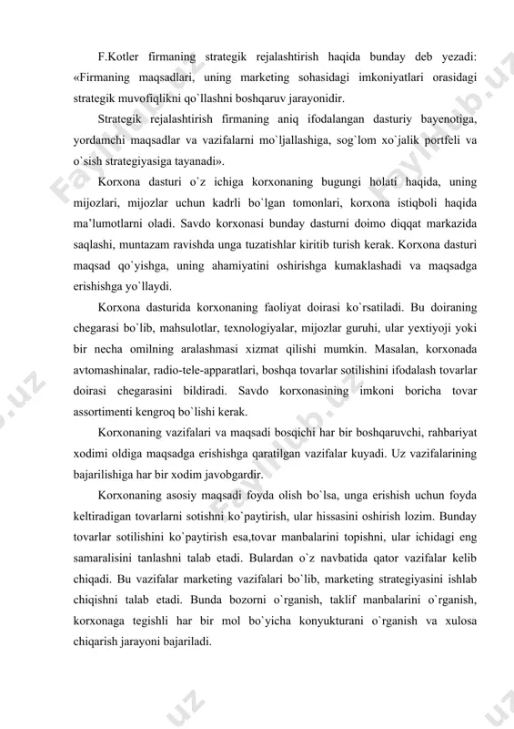 hi bosqichda hozirgi faoliyat doirasidagi foydalanishi mumkin bo`lgan imkoniyatlari aniqlanadi. bunda o`sishga jadallashtirish omili orqali erishiladi; tovar yoki bozorning mavjud holatida imkoniyatlarni topish va o`sishga intilish o`rin egallaydi. imkoniyatlari turlicha bo`lishi mumkin. jumladan, tovarni bozorga chuqurroq singdirish (xaridorning e’tiborini ko`proq kozonish maqsadida raqobatchsisiga nisbatan tovarni arzonroq sotish, sotilgan tovarlar ma’lum songa etganida xaridorga mukofot berish bilan rag`batlantirish, shu tovarning yangi iste’molchilarini topish) yo`li bilan sotishni ko`paytirish mumkin. boshqa imkoniyati bozor chegarasini kengaytirish, ya’ni yangi bozorlar topish va mavjud tovari bilan ularda savdo-sotiq yuritishdan iboratdir. navbatdagi imkoniyati tovarni takomillashtirish, ya’ni mavjud moldan keskin farq qiladigan, sifati, iste’mol qiymati yuqori bo`lgan molning yaratilishi bilan bog`liqdir. 2-bosqichida korxona tarmoq doirasida boshqa korxonalar bilan hamkoorlikda (integratsiya) ishlashi mumkin. bunda shu tarmoq doirasida taqsimot tizimi kattik nazorat qilinadi. bunda raqobatchi firmalari ustidan doimiy nazorat olib boriladi. korxonaning o`sish strategiyasining 3-bosqichida tarmoq doirasida o`sish imkoniyatlari qolmagan bo`lsa, korxonaning mavjud turiga yaqinroq yangi yo`nalishini tanlash, o`zlashtirishdan iborat …