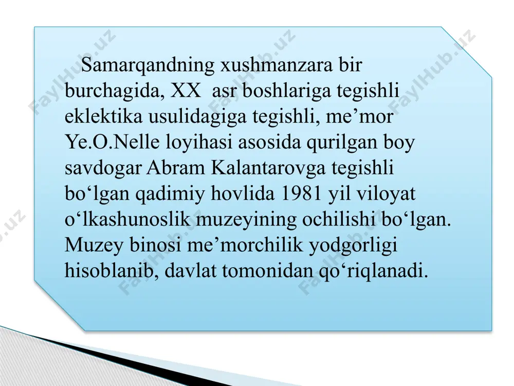 lari, eronning reya shahridagi loy qandil, serob tangalarni ko‘rish mumkin. ekspozitsiyada mo‘g‘ullar nayzalarining qinlari, chingizxon tomonidan xarobaga aylantirilgan samarqand qo‘rg‘oni surati ham mavjud. amir temur hamda temuriylar hukmronligi davrini qazilma materiallari, ya’ni metall buyukmlar to‘plami, suyaklar, shishalar va xsh-xvi asrlarga tegishli tangalar ko‘rsatib, u davr hunarmandchiligi, karvon savdolari va temuriylar davri savdo-pul munosabatlarini namoyon qiladi. bu yerda, shuningdek, noyob eksponatlar namoyish qilingan — xv-xvi asrlarning oliy voqifiga tegishli jang va namoyish do‘mbirasi, shuningdek, 1678 yil amsterdamda nashr qilingan de sanktiyenning “temur tarixi” nomli noyob kitobini ko‘rish mumkin. ekspozitsiyada arxitektor v.a. nilsen tomonidan bajarilgan tiklangan observatoriyani va ulkan astronomik qurol kvadrant (sekstant)ning qoldiqlari tushirilgan suratlari uchratish mumkin. image1.jpeg image2.jpg image3.jpg image4.jpg image5.jpg /docprops/thumbnail.jpeg