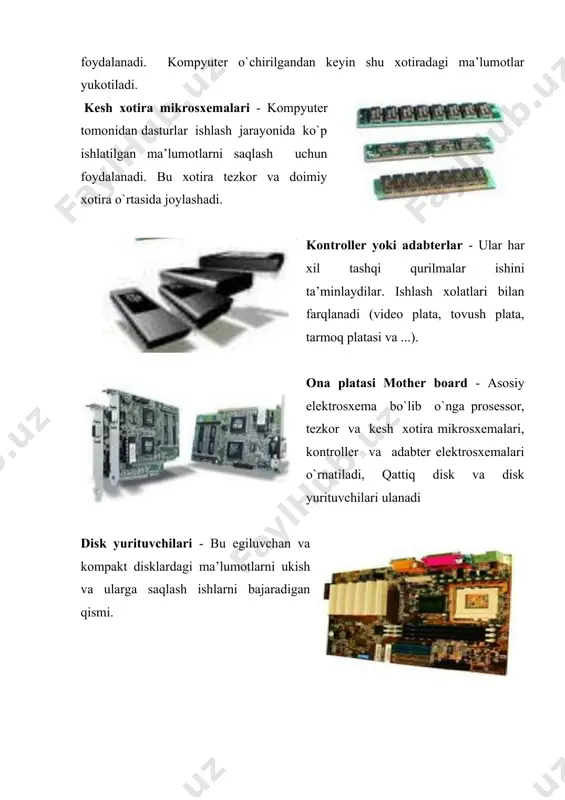 lardagi ma’lumotlarni ukish va ularga saqlash ishlarni bajaradigan qismi. elektr ta’minlovchi blok - har bir qismning o’ziga mos elektrquvvat extiyojini ta’minlovchi blok. 2-topshiriq mavzu:tizimli blokning tarmoq, elektr tok manbasi(quvvat bloki). tizimli blokning tarmoq quvvat bloki(blokpitaniya) elektr ta’minot blokining vazifasi oson + 12 v, - 12v doimiy tok “sof” kuchlanishini otkazishi kerak. elektr ta’mirlash blok yoqilgandan song o‘zi beruvchi signalni nazorat qilib, kerakli sathda kuchlanish stabillashgandan so‘ng tizim platadagi power-gool signalini yuboradi. mikroprotsessor o‘zining registrlarini boshlangich holatga qaytaradi, shundan so‘ng yuklanish boshlanadi. quvvat vatta olchanadi. elektr ta’minot bloki o‘zining quvvati bilan farqlanadi: qancha quvvat katta bo‘lsa, shuncha ko‘p blok elektr ta’mirlash tashqi qurilmalarinigina ta’minlab beradi. zamonaviy kompyuterlarga 300-400 vatt quvvatli elektr ta’minot bloklari qoyiladi. zamonaviy kompyuterlarda elektr ta’minot bloki keluvchi ulanish joylar soni barcha qurilmalarga yoqmaydigan holler bo‘lishi mumkin. energiya zapasi ya’na bo‘lsa, bir tomondan elektr ta’minot ulanish joyiga, ikkinchi tomondan ikki ulanish joyga ulanadigan kabel tarqatuvchidan foydalanish mumkin. eski shaxsiy …