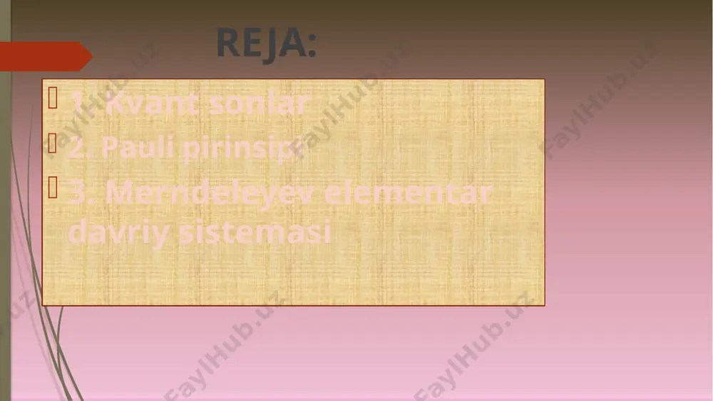 nlar qiymatiga ega bo’ladi. masalan, bosh kvant soni nq4 bo’lsa iq0.1.2.3 qiymatiga ega bo’ladi. demak, 4-kvant qavatda 4 ta qavatcha bo’ladi. l ning son qiymati 0.1.2..3.4.5 harf belgisi s,p,d,f,g qavatchalardagi elektronlar s,p,d,f elektronlar deyiladi. orbital (yonaki) kvant son magnit kvant son – m harfi bilan belgilanadi uning qiymati orbital kvant sonini musbat va manfiy qiymatlarini qabul qiladi. m; orbital kvant son l=0 (s) 1 (p) 2 (d) 3 (f) magnit kvant son 0 +1 0 -1 +2 +1 0 -1 -2 +3 +2 +1 0 -1 -2 -3 bu uchchala kattalik orbitallarni tavsiflovchi kattalik ular elektronga hos hususiyatni aks ettirmaydi. elektronga hos bo’lgan hususiyatni to’rtinchi kvant son spin kvant soni orqali ifodalanadi. magnit kvant son spin kvant son elementar zarralarning xususiy magnit momenti s, magnit momenti deb ataladi. arom yadrosi (va bazan spin(ing.spin-aylanmoq) –kvant tabiatga ega bo’lgan elementar zarralar implusning xususiy momenti. atom) harakat miqdorining xususiy momenti ham s deb …