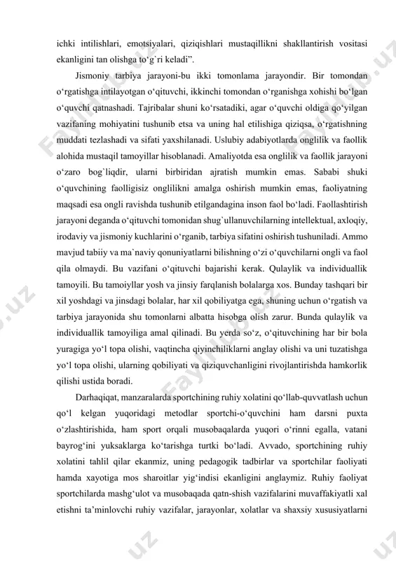 an o‘zi erishgan natijalarni baholay bilish. faollik esa, o‘z navbatida bolalarda mustahkamlikni tarbiyalash uchun asos bo‘ladi. bu printsiplar bir-birini to‘ldiradigan hodisalar bo‘lib, ularning mohiyatini tashqaridan ichkariga va ichkaridan tashqariga yo‘nalgan jarayonlar sifatida tasavvur qilingandagina anglash mumkin. faollik tashqaridan ichkariga yo‘nalgan jarayon sifatida tasavvur etilsa, unda bolalarda mustahkamlikni shaxsiy sifat shaklida tarbiyalashni anglaymiz. agar faollik ichkaridan tashqariga yo‘nalgan jarayon sifatida qaralsa, unda insonning ichki intilishlari, emotsiyalari, qiziqishlari mustaqillikni shakllantirish vositasi ekanligini tan olishga to‘g`ri keladi”. jismoniy tarbiya jarayoni-bu ikki tomonlama jarayondir. bir tomondan o‘rgatishga intilayotgan o‘qituvchi, ikkinchi tomondan o‘rganishga xohishi bo‘lgan o‘quvchi qatnashadi. tajribalar shuni ko‘rsatadiki, agar o‘quvchi oldiga qo‘yilgan vazifaning mohiyatini tushunib etsa va uning hal etilishiga qiziqsa, o‘rgatishning muddati tezlashadi va sifati yaxshilanadi. uslubiy adabiyotlarda onglilik va faollik alohida mustaqil tamoyillar hisoblanadi. amaliyotda esa onglilik va faollik jarayoni o‘zaro bog`liqdir, ularni birbiridan ajratish mumkin emas. sababi shuki o‘quvchining faolligisiz onglilikni amalga oshirish mumkin emas, faoliyatning maqsadi esa ongli ravishda …