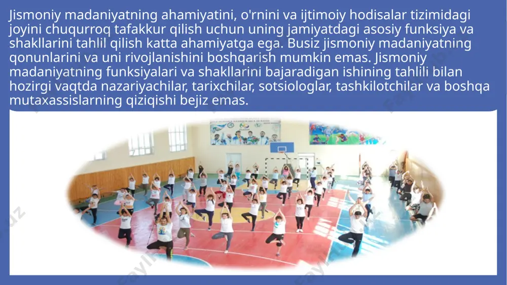ilgan holda ishlatilishi tushuniladi. inson biror sport turi bilan shug'ullanayotganda o'zining shunga bo'lgan talabini qondiradi, shu bilan birga shu sport turi bilan shug'ullanayotgan boshqa insonlar bilan o'zaro muomalada bo'ladi. jismoniy madaniyatning umumiy va maxsus funksiyalari mavjud maxsus funksiyalari. jismoniy madaniyatning maxsus funksiyalari deganda, madaniyatning boshqa turlariga taalluqli bo'lmagan, alohida xususiyatga ega bo'lgan funksiyalar tushuniladi. bular uni ko'rinishlari va har xil turlarini xususiyatiga qarab bo'linadi. umuman jismoniy madaniyatga xos bo'lgan hamma yoki ko'pgina turlarini birlashishi sharoitida amalga oshiriladigan funksiyalarni hamda ayrim bo'limlarga, ko'rinish va har xil turlariga taalluqli o'ziga xos funksiyalarni ajratish mumkin. jismoniy madaniyatning maxsus funksiyalari umuman uni o'ziga xos xususiyatlari, kishini harakat faolligini tibbiy talabini qondirishga mo'ljallangan bo'lib, shu asosda organizmni jismoniy holati va rivojlanishini, sog'liqni mustahkamlash qonuniyatlariga binoan optimal darajaga keltirish va hayotda kerak bo'ladigan jismoniy ish qobiliyatini ta'minlashdan iboratdir. jamiyat tomonidan tuzilgan ma'lum sotsial sharoitda, jismoniy madaniyatning asosiy maxsus funksiyalarini maqsadga muvofiq ravishda jismoniy kamolotga erishish omili …