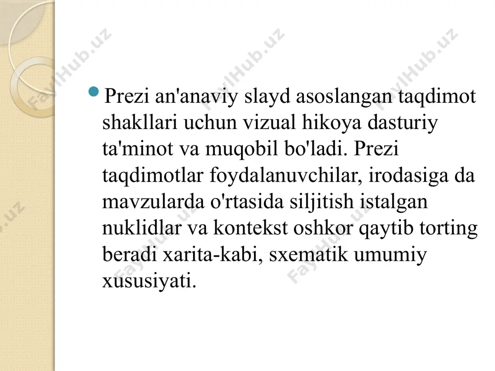 d uchun prezi 2015 yilda ishga tushirilgan va iyun 2016 yilda kompaniya prezi biznes boshladi. mahsulotlar va xususiyatlari. prezi biznes. prezi. kompaniyaning flagship platformasi an'anaviy slayd asoslangan taqdimot shakllari uchun vizual hikoya dasturi muqobil bo'ladi. prezi taqdimotlar foydalanuvchilar, irodasiga da mavzularda orasida siljitish istalgan nuklidlar va kontekst oshkor qaytib torting beradi xarita-kabi, sxematik umumiy xususiyati. prezi biznes. ayniqsa, mutaxassislar uchun qurilgan, prezi biznes platforma virtual bilan sharhlab real vaqt ma'lumotlarni analytics, biznes hamkorlik platforma slekni bilan integratsiya va hamkorlik tartibga solish xususiyatlari va live prezi xususiyati, shu jumladan, biznes-qaratilgan hosildorlik vositalari bilan prezi yadrosi xususiyatlarini birlashtiradi masofaviy prezi taqdimotlar hosting uchun yig'ilish xonalari. platformasi muvofiqligi. prezi adobe flash, adobe air'de ishlab chiqilgan va django ustiga qurilgan. bu eng zamonaviy kompyuter va veb-brauzer bilan mos keladi. prezi biznes javascript ustida ishlaydi, bir html5 dasturi. bu, shuningdek, eng zamonaviy tizimlar bilan mos keladi. prezi ning visual hikoya imkoniyatlari katta vazifalarni o'zida karnay …