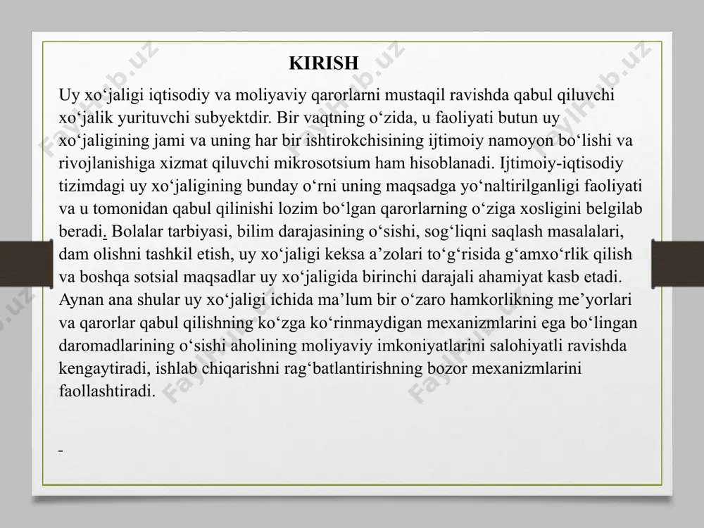 vaziyat mavhumligi (noaniqligi) darajasini kamaytirishlari kerak va yo’l qo’yiladigan risk darajasini qachon oshirishlari zarur. 2. investitisiyalar bilan bog’liq bo’lgan (investitsion) qarorlar. mavjud jamg’armalarni qaysi (qanday) aktivlarga yo’naltirish (joylashtirish) kerak. uy xo’jaliklari o’z daromadlarining ma’lum qismini kelajakda sarflash uchun jamg’arib qo’yishlari natijasida ular umumiy boylik jamg’armasini to’plab qo’yadilar. bu mablag’larning umumiy nomi aktivlar deyiladi. iqtisodiy qiymatga ega bo’lgan barcha narsalar aktivlar deyiladi. uy xo’jaliklarining o’zlari to’plagan mablag’larni sarflash borasida qaror qabul qilish jarayoni xususiy investitsiyalash (asset allocation) yoki pul mablag’larini turli aktivlar turlari o’rtasida taqsimlash, deb ataladi. uy xo’jaligi boyligi yoki mulkning toza (sof) bahosi (qiymati) (net worth) uning mulki bahosidan uning qarz majburiyatlari summasini ayirish orqali aniqlanadi. uy xo‘jaliklarida iste’mol maqsadlari va jamg‘arish uchun pul (moliyaviy) munosabatlar majmui uy xo‘jaliklari moliyasi deyiladi mablag‘lari fondlarini shakllantirish, ularni taqsimlash va foydalanishga tegishli (oid) bo‘lgan iqtisodiy moliyaviy qarorlarni qabul qilish bosqichlari. har qanday boshqa sohada qarorlar qabul qilish kabi moliyaviy qarorlar ikki yoki …