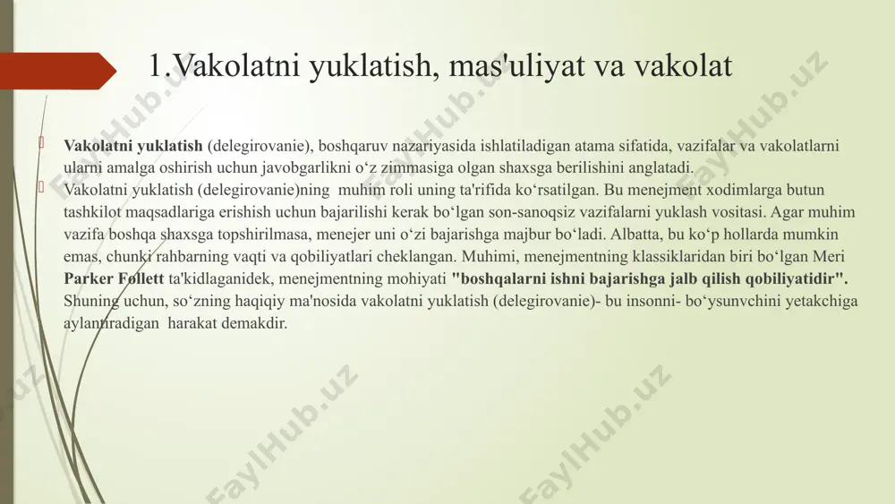 a vlast'). vakolatni yuklatish (ruscha delegirovanie) - quyi bo‘g‘in xodimlariga vakolat, majburiyat va mas'uliyat bo‘yicha hukumronlikni topshirish. rahbarlar o‘z xodimlariga tayinli huquq va mas'uliyatlarni berishlari kerak. bo‘lmasa, zaruriy ish va vazifalar bajarilmay qoladi. shuning uchun tashkiliy ish /ruscha: organizasionnaya rabota/ - bu funksiya bo‘lib, barcha rahbarlar o‘z mansablaridan /ranglaridan/ qat'iy nazar uni amalga oshirishlari kerak. rahbarlar vakolatlarni topshirishga to‘siq bo‘lgan sabablar: «men buni o‘zim yaxshi bajaraman…» degan hissiyotning mavjudligi. rahbarlik qobiliyatining yo‘qligi (kundalik ishga sho‘ng‘ish). o‘z xodimlariga ishonsizlik. qo‘rquv riski (xavf-xatari). rahbariyatni kutilayotgan xavf xususida ogohlantirish uchun tanlanma nazoratning yo‘qligi. bo‘ysunuvchi xodimlarning vakolatni qabul qilishdan bosh tortish sabablari: bo‘ysunuvchi fikricha, o‘zi muammoni hal qilgandan ko‘ra, «boss»dan so‘rash ma'qul. qilinadigan xatolar uchun tanqiddan qo‘rqish. vazifani bajarish uchun bo‘ysunuvchida kerakli resurslar va axborot mavjud emas. bo‘ysunuvchi shunday ham ishlar, vazifalar ko‘p yoki u doimo shunday bo‘ladi deb o‘ylaydi. bo‘ysunuvchida o‘ziga ishonchining yo‘qligi. bo‘ysunuvchiga qo‘shimcha mas'uliyat uchun ko‘ngilli stimullar berilmasligi. 2. vakolatlarni samarali …