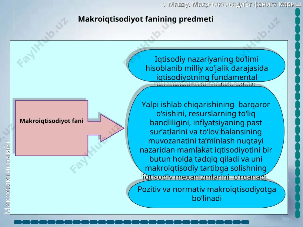 mehnat va boshqa tur boyliklarni bir mamlakatdagi barcha resurslar doiraviy aylanishini, ularni samarali ishlatilishini, iqtisodiy oʻsish barqarorligini, yaʼni milliy iqtisodiyotni rivojlanishini umumiy holda oʻrganadi. 10 dan * slayd makroiktisodiyot 1 mavzu. makroiktisodiyot faniga kirish 10 dan * slayd makroiqtisodiyotning asosiy masalalari va tarkibi makroiqtisodiyotning masalalari makroiqtisodiyotning boʻlimlari milliy daromad miqdorini nima belgilab beradi? pul nima va uning roli qanday? baholar darajasi nima va uning dinamikasini qaysi omillar belgilab beradi? bandlik darajasini nima belgilab beradi? iqtisodiy konyuktura oʻzgarishlarinni qaysi omillar belgilab beradi? barqaror iqtisodiy oʻsishning shartlari qanday? mamlakatning iqtisodiy konyukturasiga tashqi dunyo qanday taʼsir koʻrsatadi? davlat barqaror iqtisodiy oʻsishga erishishni qanday taʼminlashi mumkin? statik makroiqtisodiy muvozanat nazariyasi pul nazariyasi inflyatsiya nazariyasi ish bilan bandlilik nazariyasi. iqtisodiy davrlar nazariyasi iqtisodiy oʻsish nazariyasi toʻlov balansi va valyuta kursi nazariyasi davlatning barqarorlashtirish siyosati nazariyasi makroiktisodiyot 1 mavzu. makroiktisodiyot faniga kirish 10 dan * slayd makroiqtisodiyotni oʻrganishda qoʻllaniladigan asosiy usullar ilmiy abstraksiya analiz va sintez …