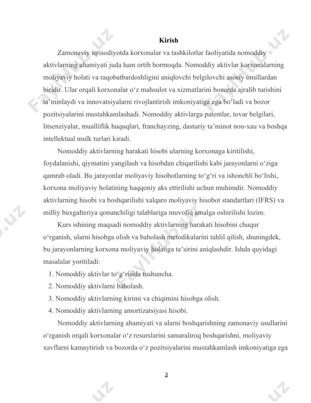 ususiyat shundan iboratki, nomoddiy aktivlar alohida ajratib koʻrsatilishi va baholanishi mumkin boʻlgan resurslardir. nomoddiy aktivlarga misol qilib patentlar, tovar belgilari, litsenziyalar va mualliflik huquqlarini keltirish mumkin. patentlar yangi ixtirolar yoki texnologiyalar uchun beriladigan huquqlardir. masalan, yangi qurilma yoki dasturiy taʼminot patenti korxonaga raqobat ustunligini taʼminlaydi. tovar belgilari esa mahsulot yoki xizmatlarni bozorda ajralib turishini taʼminlovchi belgilardir. coca-cola yoki apple kabi brendlar bunga misol boʻla oladi. litsenziyalar muayyan faoliyatni amalga oshirish uchun beriladigan ruxsatnomalar hisoblanadi. masalan, radioeshittirish litsenziyasi. mualliflik huquqlari esa adabiy, ilmiy yoki badiiy asarlar uchun beriladigan huquqlardir. kitoblar, filmlar yoki musiqiy asarlar bularga misol boʻla oladi. nomoddiy aktivlarni hisobga olish uchun quyidagi shartlar bajarilishi kerak boʻladi: bular birinchi navbatda, aktiv alohida ajratib koʻrsatilishi va aniqlanishi mumkin boʻlishi kerak. ikkinchi navbatda, aktiv korxonaga daromad olish yoki xarajatlarni kamaytirish imkoniyatini berishi kerak. uchinchidan, aktivning qiymati aniq va ishonchli tarzda baholanishi kerak. xalqaro moliyaviy hisobot standartlari (ifrs) va milliy buxgalteriya qonunchiligi nomoddiy …