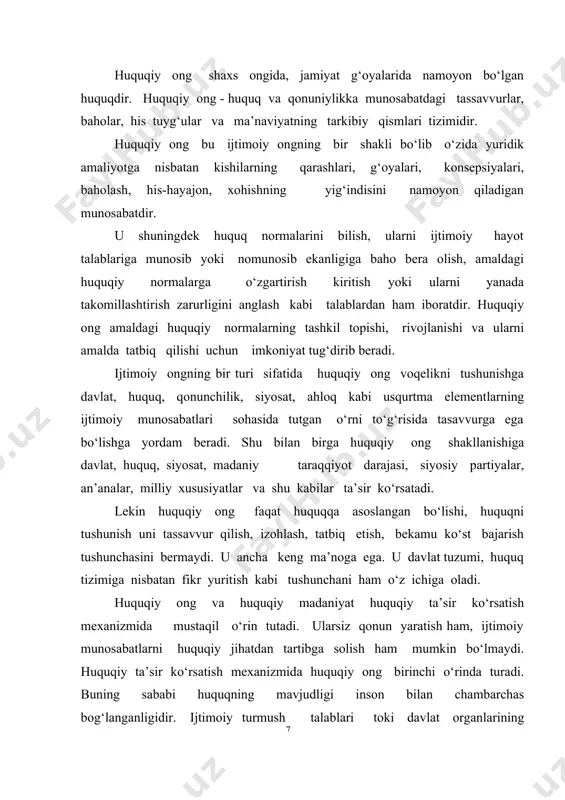 ing huquq yaratish faoliyatini amalga oshirishda ishtirok etgan odamlarning irodasi va ongi orqali o‘tmaguncha yuridik normalar sifatida ifodalanishi mumkin emas. ayni vaqtda huquqning ijtimoiy munosabatlarga ta’siri odamlarning irodasi va ongi orqali ham amalga oshiriladi. bularning barchasi huquqiy tasavvurlar va his- tuyg‘ular majmuini keltirib chiqaradi. huquq normalarining u yoki bu davrdagi mazmuni, ularning ijtimoiy turmushga ta’sir ko‘rsatish xarakteri huquq normalarining g‘oyaviy manbayi bo‘lmish huquqiy ongga bog‘liq bo‘ladi. huquqiy ong ma’lum darajada umumlashgach, huquq normalarining g‘oyaviy manbayi bo‘lishi bilan uning amaliy funksiyasi tugamaydi. ijtimoiy g‘oyalar uni keltirib chiqargan ijtimoiy turmushga aks ta’sir ko‘rsatishi mumkin: fuqarolarning ongidan o‘rin olgan g‘oyalar moddiy kuchga aylanadi. ijtimoiy ong turli shakllarda yuzaga chiqib, odamlar xulq-atvoriga mafkuraviy va psihologik ta’sir ko‘rsatish vositasida ijtimoiy turmushga ta’sir ko‘rsatadi. binobarin, huquqiy ongning aks ta’siri uning huquqiy normalar g‘oyaviy manbai bo‘lishi bilan tugamaydi: huquqiy ong, muayyan huquqiy tasavvurlarning o‘ziyoq odamlarni ma’lum tarzda o‘zlarini idora qilishga undashi mumkin. aynan huquqiy ong individga muayyan …