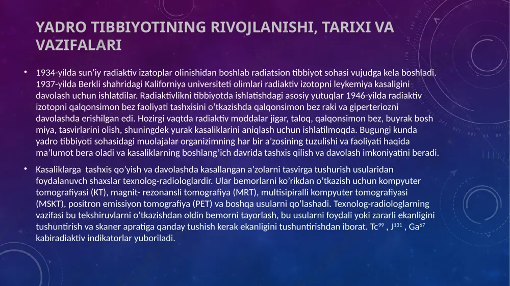 o’lib havoda uchib borib qog’oz va kiyimdan o’tib insonga 4-5mm ga singiydi. gamma nurlar juda havfli bo’lib u organism ichki azolarini shikastlashi mumkin undan himoyalanishda qalin metallardan yoki polimer kompozitorlardan foydalaniladi. radondan zararlanish havoda radon gazining mavjudligi atrof-muhitga va inson organizimi uchun havf tug’diradi. uydan tashqarida radonning havfi kamroq hisoblanadi, chunki u havoda disperslanib ketadi, ammo radon uy tagida joylashgan bo’lsa unda uy havosini zararlab yuboradi. shunday yerda ishlayotgan odamlar radon-222 izatopini yutib alfa parchalanishga uchrab poloniy-218 ga o’tadi, u esa o’pka rakiga olib keladi. tabiiy radioaktivlik nima? umuman olganda, radioaktivlik deganda zarrachalar va energiyaning beqaror yadrolardan ajralib chiqishi tushuniladi. turg'un atomlardan zarrachalarning chiqishi modda barqarorlikka yetguncha davom etadi. bu yadrolarning parchalanishi radioaktivlik jarayonidir. bu parchalanish tabiatda sodir bo'lganda, biz uni tabiiy radioaktivlik deb ataymiz. sun'iy radioaktivlik nima? biz laboratoriyalarda beqaror yadrolarni sekin harakatlanuvchi neytronlar bilan bombardimon qilib tayyorlaganimizda, biz buni sun'iy radioaktivlik deb ataymiz. pozitron-emission tomografiya pozitron-emission tomografiya-bu usulda …