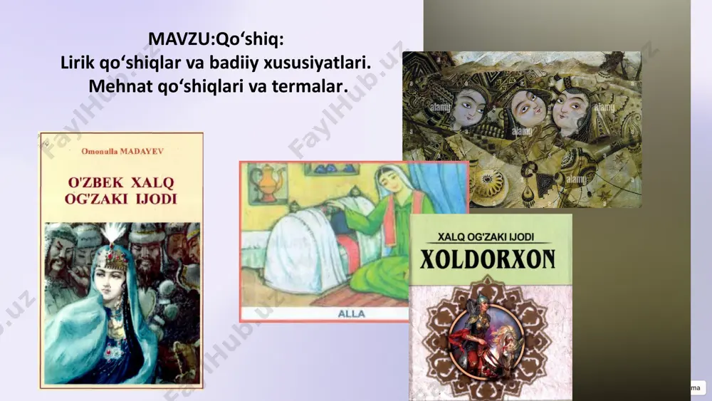 tik mohiyatga ega. 8 m.koshg’ariyning «dеvonu lug’otit turk» asarida shunday to’rtlik bor: turkan qatun qutyog’a, tеrgur mendеn qoshyog’ ajg’ul sizni tabug’chi, otnur jaqi tabug’. mazmuni: turkan xotun qoshig’a, mеndan еtkur shе`r. xizmatga xodimingiz rost, dеb payom bеr. bu akadеmik a.qayumovning shе`riy tabdili. chindan-da, «qoshig’» so’zi dastlab «maqtov, alqov» ma`nosida qo’llangan. 9 yusuf xos hojibning «qutadg’u bilig» («saodatga eltuvchi bilim») asarida fonеtik o’zgarishga uchragan holda «qoshug’» shaklini olgan bo’lsa, xorazmiyda «qo’sh» shaklini olgan. chunonchi, yusuf xos hojibda: bu turkche qoshuqlar tuzettim seg’е, oqo’rda uno’tma du`o qil meg’е. mazmuni: bu turkcha qo’shiqlarni sеn uchun tuzdim (yozdim), o’qiganingda unutmay duo qil meni. 10 «qo`shiq» istilohi, janriy xususiyatlari, badiiy – kompozitsion belgilari. umuman, qo’shiq atamasi turkiy «qo’shmoq» fе`li o’zagidan yasalgan bo’lib, satrga satrni qo’shib aytish va kuylash ma`nolarini anglatadi. zеro, xalq qo’shig’i kuy bilan birga tug’iladi va shu xususiyati bilan yozma adabiyotdagi shе`riyatdan farq etadi. qolavеrsa, xalq qo’shiqlari tarixan raqslar bilan ham yaxlitlashgan va …