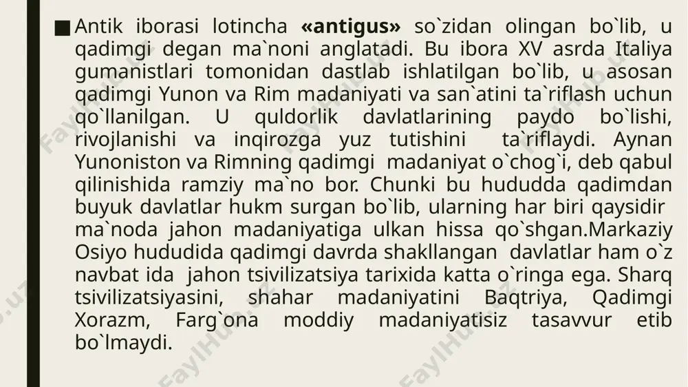tlamlari, marg`iyonada govurqal`a kabi shahar qoldiqlari tadqiq etilgan. antik davrda yunon-baqtriyada dehqonchilik va chorvachilikdan tashqari kulolchilik sohasi yuksak darajada taraqqiy qilgan bo`lib, bu davrda yasalgan kulolchilik buyumlarining olamda tengi yo`q edi. uy-joylar shohona saroylar, ibodatxonalar hamda mudofaa inshoatlari qurilishda bu o`lkalar xalqi antik davr olamida yuksalishning yuqori nuqtasiga ko`tarilgan. bu davrda baqtriya va so`g`d yozuvlari shakllanadi va rivojlanadi. tasviriy san`at, me`morchilik, zargarlik san`atida katta yutuqlarga erishiladi. antik davr mualliflari baqtriyani 1000 shaharli mamlakat, deb ta`riflaganlar. yunon-baqtriya aholisi zardo`shtiylik diniy e`tiqodida bo`lib, mahalliy diniy tasavvurlar yunon mifologiyasi obrazlari bilan chatishib ketgan. suvga, erga, quyoshga bo`lgan hurmat va e`tiqod, xudolarga bo`lgan (mitra, naxid...) e`tiqod bilan uyg`unlashib ketgan. ko`chmanchi qabilalarning yunon-baqtriya erlariga kirib kelishi uni inqirozga uchratadi. 110 yilda yuechji qabilalari yunon-baqtriya erlariga kirib kelib, o`z hukmronligini o`rnatdi. guyshan qabilasi yabg`usi kudzula kadfiz boshqa qabila yabg`ularini tobe etib, o`zini hukmdor deb e`lon qiladi. tarix sahnasiga shu tariqa kushonlar davlati kelib, u uzoq muddat, …