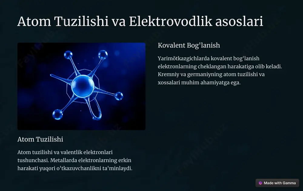 urli xil diodlar: toegerilovchi diod; zener diod; yorugelik diodi mledna https://gamma.app/?utm_source=made-with-gamma tranzistorlar: kalit va kuchaytirgich 1 taerif tranzistor q uchta elektrodga ega boelgan yarimõtkazgichli asboba 2 turlari bipolyar tranzistorlar mbjtn va maydoniy tranzistorlar mfetna 3 vazifasi tokni kuchaytirish va kommutatsiya qilisha https://gamma.app/?utm_source=made-with-gamma yarimõtkazgichli asboblarning qo'llanilishi kompyuterlar mikroprotsessorlar, xotira chiplari. mobil telefonlar kuchaytirgichlar, filtrlash sxemalari. quyosh batareyalari elektr energiyasini ishlab chiqarish. https://gamma.app/?utm_source=made-with-gamma yarimõtkazgichlar materialshunosligi 1 2 3 kremniy (si) ning afzalliklari va kamchiliklari. germaniy (ge) va uning qo'llanilishi. galliy arsenid (gaas) va boshqa murakkab yarimõtkazgichlar. kremniy germaniy galliy arsenid https://gamma.app/?utm_source=made-with-gamma xulosa va kelajak istiqbollari 1 sun'iy intellekt 2 kvant hisoblash 3 boshqa sohalar yarimõtkazgichlarning noyob xususiyatlari metallardan asosiy farqlarini belgilaydi. ular zamonaviy texnologiyalarda muhim rol o'ynaydi va kelajakda sun'iy intellekt kabi sohalarda katta ahamiyatga ega bo'ladi. https://gamma.app/?utm_source=made-with-gamma