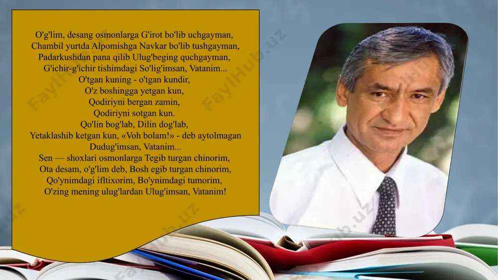 ning ona yurtdan tuygan mehri xuddi singilning, onaning mehridek iliq. u bir aka bo'lib, bir o'g'il bo'lib bu mehrga javob bergisi, agar shu yurt «o'g'lim», deya unga mushtoq bo'lsa, har qanday mushkulot qarshisiga chiqqisi, kelgusi padarkushlardan kelajak ulug'beklarini pana qilib quchgisi keladi. find more powerpoint templates on prezentr.com! uning uchun ulug'bek, navoiy, bobur yoxud mashrab bir inson ismi emas, balki xalq, millat fazilati, xalq va millatning mujassam ismidir. bu ismlar bag'riga shoir xalq tarixini, uning eng zafarli va eng achchiq kunlarini jamlaydi. she'rning har bir bandi oxirida vatanga beriladigan sifat («ulug'imsan», «ilig'imsan», «qo'rig'imsan», «cho'lig'imsan», «urug'imsan», «dudug'imsan») kamida yuz yillik hodisalar natijasi, quvonch-u alamini ifoda etib keladi. find more powerpoint templates on prezentr.com! birgina bandda ifoda topgan ma'nolar ko'lamiga e'tibor beraylik: kim qashqarni qildi makon, kim enasoy tomonda, jaloliddin - kurdistonda, boburing - hindistonda, bu qanday yuz qarolik deb, yotarlar zimistonda. tarqab ketgan to'qson olti urug'imsan, vatanim... find more powerpoint templates …