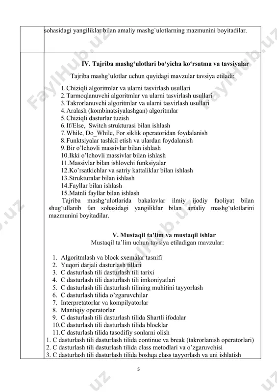 dasturlash tilining muhitini tayyorlash 6. c dasturlash tilida o’zgaruvchilar 7. interpretatorlar va kompilyatorlar 8. mantiqiy operatorlar 9. c dasturlash tili dasturlash tilida shartli ifodalar 10. c dasturlash tili dasturlash tilida blocklar 11. c dasturlash tilida tasodifiy sonlarni olish 1. c dasturlash tili dasturlash tilida continue va break (takrorlanish operatorlari) 2. c dasturlash tili dasturlash tilida class metodlari va o’zgaruvchisi 3. c dasturlash tili dasturlash tilida boshqa class tayyorlash va uni ishlatish 4. vaqtni belgilangan formatda chiqarish 5. ob’ektga yo‘naltirilgan dasturlash tillari 6. c dasturlash tili tilining boshqarish operatorlari 7. c dasturlash tili tilida funksiyalar, strukturalar va birlashmalar 8. c dasturlash tili tilida bir o‘lchovli, ikki o‘lchovli va dinamik massivlar 9. c dasturlash tili tilida satriy kattaliklar 10. c dasturlash tili tilida sinflar 11. c dasturlash tili tilida fayllar bilan ishlash 12. c dasturlash tili tilidagi dasturlarning tarkibiy qismlari 13. c dasturlash tili da maxsus belgilar 14. o’zgarmaslar. literal o’zgarmaslar. belgili …