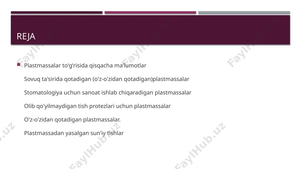 omatologiya uchun sanoat ishlab chiqaradigan plastmassalar bazis plastmassalar. bazis materiallardan tish protezlarining asosiy qismlari tayyorlanishi tufayli bazis materiallarga alohida talablar qo'yiladi. chunki og'iz bo'shlig'ida ularga kattaligi va o'z xarakteriga koʻra, egilish, qisilish, cho'zilish, buralish kabi turli tuman ta'sir kuchlari tushadi.uzoq vaqtgacha asosi polimetilmetakrilatdan iborat akp-7 plastmassasi asosiy bazis materiali boʻlib keldi. keyingi yillarda akrilatlar asosida yangi bazis materiallar yaratilgan. akp-15 (etakril), akrel, ftoraks shular jumlasiga kiradi. akrel - bazis plastmassa, bir-biriga tikilgan polimer zanjirli sopolimer hisoblanadi, bu uning fizik-mexanik xossalarini oshiradi. polimer toʻrsimon (tikilgan) strukturasining hosil boʻlishi tikadigan agent (metilolmetakrilamid) yordamida polimerlanishjarayonida ro'y beradi. akrel plastmassasida tikadigan agent monomerga kiritilgan va reaksiyada qoliplash massasi polimerlangandagina reaksiyaga qatnashadi. kukunni sanoat usulida olinganda, tikadigan agent kiritilmaydi, chunki polimerning hosil bo'ladigan strukturasi ko'proq issiqqa chidamli, qattiqligi yuqori bo'ladi va polimer metilmetakrilatda bukish xususiyatini yo'qotadi. bunday kukunlarni yuqori bosim va haroratda ishlatish mumkin va odatdagi tish texnikligi laboratoriyalarida undan foydalanib bo'lmaydi. elastik plastmassalar. ortopedik …