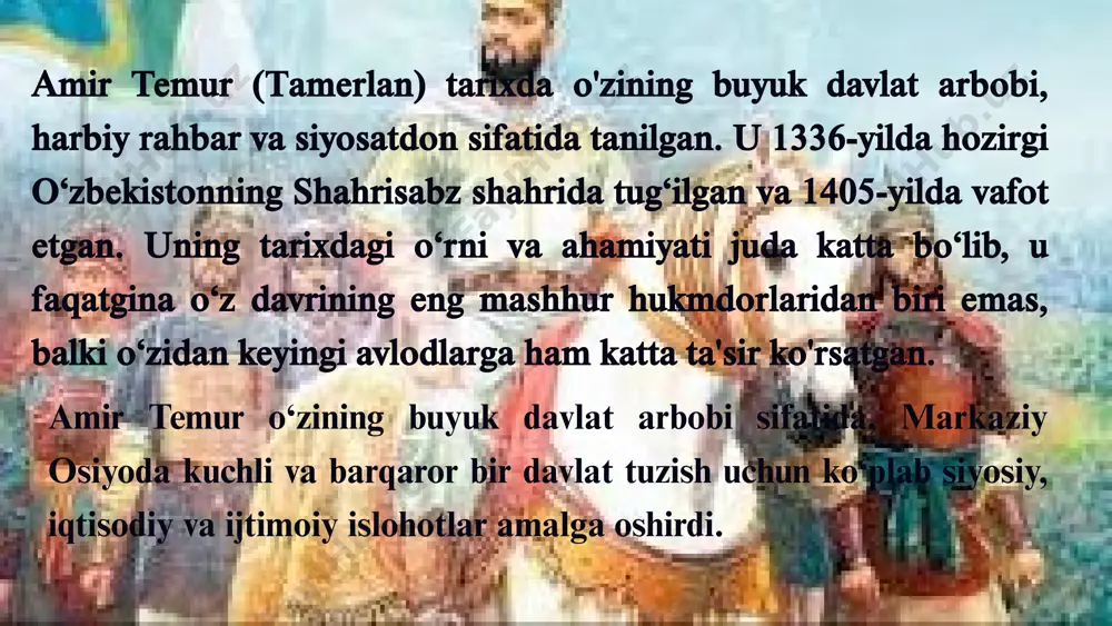 rini ishlab chiqdi, ular davlat boshqaruvining asosini tashkil etdi. bu qonunlar o‘z davrida adolat va tartibni ta'minlashga qaratilgan edi. u ko‘plab soliq tizimi, davlatni boshqarish, harbiy tuzilma va sud tizimini takomillashtirdi. harbiy boshqaruv: temur o‘zining harbiy muvaffaqiyatlarini, jangovar tajribasini davlat boshqaruvidagi siyosatga moslashtirdi. u qo‘shinlarni muntazam ravishda tayyorlab, harbiy strategiyalarni va diplomatik yondashuvlarni o‘zgartirdi. bu uning davlat boshqaruviga ta'sir qildi va davlatni kengaytirishga yordam berdi. e’tiboringiz uchun rahmat image1.png image2.svg image3.jpeg image4.png image5.jpeg image6.jpeg image7.jpeg image8.jpeg image9.jpeg image10.jpeg image11.jpeg image12.jpeg image13.jpeg /docprops/thumbnail.jpeg
