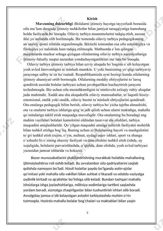 qin hamkorlik olib borib, ularga ta’mirlash ishlarini olib borishda, tarbiya ishlarida yordam ko‘rsatadi kurs ishining ob‘yekti: mahallaning ijtimoiy-pedagogik o’rni kurs ishining predmeti mahallaning ijtimoiy-pedagogik o’rning shakllanish jarayoni kurs ishining maqsadi: mahallaning ijtimoiy-pedagogik ahamiyatini o’rganish. kurs ishining vazifalari: - mahallaning ijtimoiy-pedagogik ahamiyatini o’rganish.; - mahallaning ijmoiylashuv jarayonidagi ta’sirini o‘rganish; - mahallaning ijtimoiy-pedagogik o’rni mavzusi bo‘yicha xulosalar berish. kurs ishining nazariy va amaliy ahamiyati: kurs ishining nazariy ahamiyati shundan iboratki, mahallning ijtimoiy pedagogik o’rnini aniqlash bo‘yicha olimlarning nazariy qarashlari, berib o‘tilgan tavsiya va fikrlari ijtimoiy pedagogika ,pedagogika tarixi,tarbiya nazaryasi va boshqa fanlar nazariy jihattan boyitadi. amaliy jihattan mahallaning ijtimoiy pedagogik o’rni yuzasidan ishlab chiqilgan uslubiy dasturlar va o‘tkazilgan tadqiqotlardan ma‘ruza, amaliy, seminar mashg‘ulotlarida foydalanish mumkun. o‘rganishlar natijasi shundan iboratki, mahallaning shakllanishi va uning ijtimoiy pedagogik o’rni qachondan boshlab rivojlanishi, o‘z o‘zini anglashning shakllanishi hamda yuzaga keladigan muommolar va holatlarni ko‘rib chiqish natijasida bolalarning psixologik va pedagogik rivojlanishini o‘rganish. kurs ishining o’rganilganligi: bu …