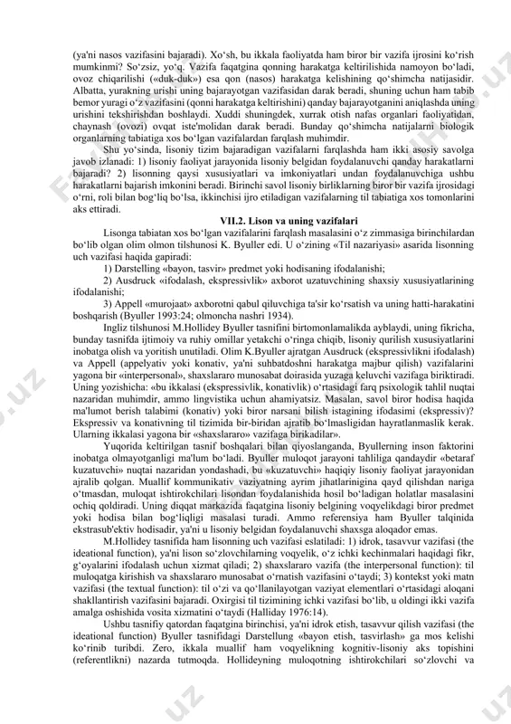 k tizimning qismlari o‘zaro dinamik, harakatchan munosabatda bo‘lishini tasavvur qilish mumkin bo‘ladi. lisoniy muloqot jarayonida ijro etiladigan vazifalarning turli-tumanligi ko‘pchilik tomonidan e'tirof etib kelinmoqda. bajarilishi mumkin bo‘lgan vazifalar miqdori haqida bildirilayotgan fikrlar ham turlicha (batafsilroq qarang: safarov 1983). binobarin, v.robinson lisoniy tizimni muloqot jarayonida o‘n to‘rt xil vazifani bajarish qobiliyatiga ega deb hisoblaydi (robinson 1972:49). ammo muallif ajratayotgan vazifalarning barchasini bir qatorga qo‘yib tasniflash qiyinchilik tug‘diradi, chunki bu vazifalar turli bosqichlarda amalga oshiriladigan harakatlar natijasidir. masalan, v.robinson ajratgan «affektni (his-hayajonni) ifodalash» va «emotsional holat, shaxsiyatni yuzaga keltiruvchi manbani belgilash» vazifalarini qiyoslasak, ularni tamoman yagona bir tasnifiy qatorga joylashtirishning imkoni yo‘qligiga ishonamiz. lisoniy belgilarni muloqotda qo‘llayotgan shaxs qandaydir bir emotsional ruhiy holatda bo‘ladi, uning xatti-harakatlarida ijtimoiy kelib chiqishi, madaniyati o‘z aksini topadi. muloqot ishtirokchilarining bu turdagi xususiyatlarini lisoniy tizim bajaradigan vazifalar qatoriga kiritish ushbu qatorni cheksizlikka olib keladi va ilmiy tahlilning samarasiz bo‘lishiga sabab bo‘ladi. bunday oqibatdan qochish uchun dastavval «vazifa» …
