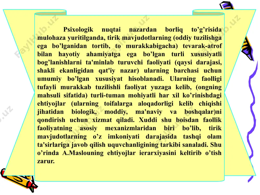 adi. tabiiy ehtiyojlar tarkibiga odamlarning ovqatlanishi, tashnalikni qondirishi, jinsiy moyillik, uxlash, issiq va sovuqdan saqlanish, musaffo havoga intilish tana a'zolariga dam berish kabilar kiradi. tabiiy ehtiyojlar uzoq vaqt davomida qondirilmasa, uning oqibatida inson halokatga mahkum bo’ladi, o’z sulolasi hayoti va faoliyatini xavf ostida qoldiradi. inson faoliyatining faolligi insoniyat madaniyati mahsuli bilan bog’liqligini ifodalab, madaniy ehtiyojlarni yuzaga keltiradi. madaniy ehtiyojlar to’g’risida mulohaza yuritilganda uning ijtimoiy ildizlari kishilik tarixining dastlabki manbalari bilan uzviy bog’lanib ketishini ta'kidlab o’tish lozim. lekin tabiiy ehtiyojlar madaniy ehtiyojlar bilan o’zaro uyg’unlashgan bo’lib, birinchisi ikkinchisini taqozo etadi. chunki ular bir-birining negizidan kelib chiqadi. xuddi shu boisdan madaniy ehtiyojlar ob'ektiga tabiiy ehtiyojlarini qondiruvchi uy-ro’zg’or buyumlari, mehnat faoliyati orqali boshqa kishilar bilan boqlanish vositalari, madaniy aloqalar o’rnatish usullari, shaxslararo muomalaga kirishish uslublari, ijtimoiy turmush zaruriyatiga aylangan narsalar, o’qish va tajriba orttirish yo’llari kiradi. odatda jamiyatda ta'lim va tarbiya tizimini egallash, xalq an'analari, marosimlari, bayramlari, odatlari rasm-rusumlari, xulq-atvor ko’nikmalarini o’zlashtirish jarayonida …