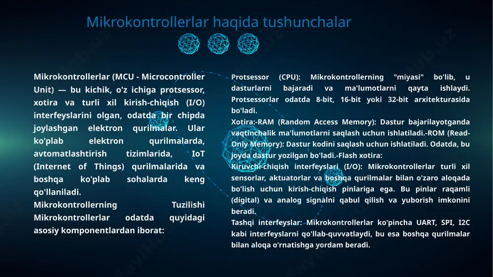 turlash mumkin. - micropython: esp8266 ni micropython yordamida dasturlash imkoniyati ham mavjud. umumiy ma'lumot esp8266 mikrokontrolleri ko`rinishlari esp8266 mikrokontrolleri issiqni boshqarish: - yuqori ishlash tezligida chip juda issiqlik chiqarishi mumkin. uzoq muddatli ishlashda issiqlik muammolari yuzaga kelishi ehtimoli bor . qiyinchiliklar bilan dasturlash: - ba'zi yangi foydalanuvchilar uchun murakkab dasturlar yozish qiyin bo'lishi mumkin, bu holda dasturni amalga oshirish uchun ma'lum dasturlash tajribasi talab qilinishi mumkin. bu mikrokontroller boshqa wi-fi modullariga nisbatan juda arzon narxda mavjud. kichik o'lcham: - esp8266 ning kichik o'lchamlari uni joyni tejaydigan qurilmalarda foydalanish uchun ideal qiladi. - arduino ide va boshqa dasturlash muhitlarida keng qo'llash mumkin, bu esa dasturlash jarayonini osonlashtiradi. kamchiliklari xavfsizlik masalalari: - esp8266 wi-fi tarmoqlariga ulangan bo'lsa, xavfsizlikka oid muammolar yuzaga kelishi mumkin, shuning uchun dasturiy ta'minotda ehtiyotkorlik bilan xavfsizlik choralarini ko'rish zarur. cheklangan resurslar: - ram va flash xotira cheklanganligi sababli, juda murakkab dasturlarni yozish qiyin bo'lishi mumkin. afzalliklari esp8266 o'zining …