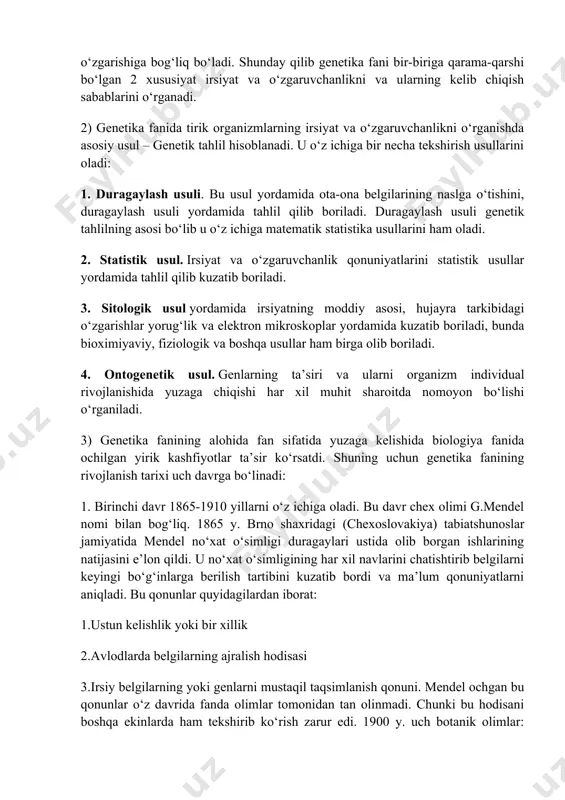 kajo‘xori) va avstraliyada z.chermak (no‘xat) o‘simlik duragaylari ustida ish olib borib, ular bir-biridan xabarsiz g.mendel aniqlagan qonunlarni qayta ochib uning to‘g‘ri ekanligini tasdiqladilar. shuning uchun 1900 yil genetika fanining tug‘ilish yili deyiladi. 2. ikkinchi davr 1911-1953 yillar hisoblanadi. bu davrda irsiyatning moddiy negizini aniqlash ustida kuzatishlar olib borildi. 1911 yilda amerika genetigi tomas morgan va uning shogirdlari irsiyatning xromosom nazariyasini yaratdi. u drozofila - meva pashshasi bilan olib borgan tajribalarida belgilar naslga o‘tishi xromosomalar bilan bog‘liqligini, genlar xromosomalarni moddiy bo’lakchalari ekanligini, ular xromosoma tarkibida zanjir shaklida joylashgan bo‘ladi degan ta’limotni yaratdi. t.morgan aniqlagan bu yangilik keyinchalik boshqa olimlar laboratoriya ishlarida ham tasdiqlandi va genlar hujayra yadrosi tarkibidagi xromosomalarda joylashganligi va ular jinsiy hujayralar orqali urug‘lanish davrida naslga o‘tishi tasdiqlandi. 1925 yilda. g.a.nadson va g.s.fillipov birinchi marta zamburug‘larga radiy nuri, 1927 1. g.meller drozofila pashshasiga rentgen nuri ta’sir ettirib irsiy o‘zgarishlar mutasiya hosil qilish usulini ishlab chiqdilar. 1928 yili angliya bakteriologi …