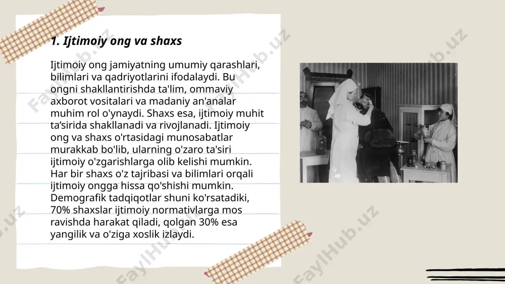 l va shaxs mavzusi insonlarning turli vaziyatlarda tutgan o'rni va jamiyatda bajaradigan vazifalarini o'rganadi. shaxs ijtimoiy roli orqali o'zining jamiyatdagi mavqeini aniqlaydi va bu jarayonda turli rollarni bajaradi, masalan, ota-ona, ishchi yoki do'st. bu rollar ko'pincha madaniyat, an'analar va jamiyatning kutishlariga asoslanadi. har bir inson bir vaqtning o'zida bir nechta ijtimoiy rolni bajara oladi. statistik ma'lumotlarga ko'ra, bir shaxs hayoti davomida o'rtacha 7-9 xil ijtimoiy rolni bajarishi mumkin. rollar orasidagi muvozanatni saqlash shaxsning psixologik va jamiyatdagi muvaffaqiyatini ta'minlaydi. ... t.me/slaydai_bot 7. oila va shaxs taraqqiyoti oila va shaxs taraqqiyoti mavzusida statistik ma’lumotlarga qaraganda, o‘zbekiston aholisining o‘rtacha umr ko‘rish davomiyligi 73 yilni tashkil etadi. 2022-yilda o‘zbekistonda aholi soni 35 milliondan oshdi va har yili o‘sish sur'ati 2% atrofida bo‘lib turibdi. o‘rta maktab bitiruvchilarining qariyb 75% oliy o‘quv yurtlariga kirishga intiladi. ishsizlik darajasi esa 2023-yilda 8% atrofida baholangan. oilaviy hayotda ayollar o‘rtacha 2,5 nafar farzand ko‘rishadi. shuningdek, oila ichidagi maishiy muammolar tufayli …