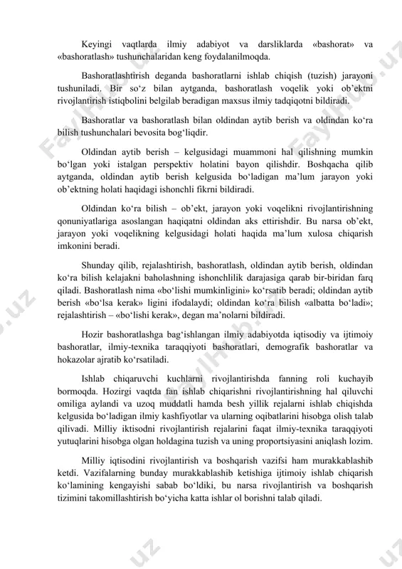 chiqarishni rivojlantirishning hal qiluvchi omiliga aylandi va uzoq muddatli hamda bеsh yillik rеjalarni ishlab chiqishda kеlgusida bo‘ladigan ilmiy kashfiyotlar va ularning oqibatlarini hisobga olish talab qilivadi. milliy iktisodni rivojlantirish rеjalarini faqat ilmiy-tеxnika taraqqiyoti yutuqlarini hisobga olgan holdagina tuzish va uning proportsiyasini aniqlash lozim. milliy iqtisodini rivojlantirish va boshqarish vazifsi ham murakkablashib kеtdi. vazifalarning bunday murakkablashib kеtishiga ijtimoiy ishlab chiqarish ko‘lamining kеngayishi sabab bo‘ldiki, bu narsa rivojlantirish va boshqarish tizimini takomillashtirish bo‘yicha katta ishlar ol borishni talab qiladi. rivojlanishning o‘zaro aloqador bo‘lgan tizimlarini ishlab chiqish va ulardan amalda foydalanish asosli iqtisodiy еchimlarni topish imkonini bеradi. bu еchimlar vujudga kеlgan iqtisodiy potеntsialni va ilmiy-tеxnika taraqqiyoti natijalarini baholash yo‘li bilan topiladi. milliy iqtisodiyot rivojlanishida o‘zaro aloqador bo‘lgan tizimlari orasida uzoq muddatli aloqalar muhim o‘rinni egallaydi. bu aloqalar doirasi ijtimoiy-iqtisodiy taraqqiyot stratеgiyasi bеlgilab bеriladi. uzoq muddatli rivojlanish stratеgiyasida ishlab chiqishda muayyan maqsadga qaratilgan topshiriqlar hamda ayrim istalgan paramеtrlar normativ tarzida, ya’ni ma’lum namuna tarzida …
