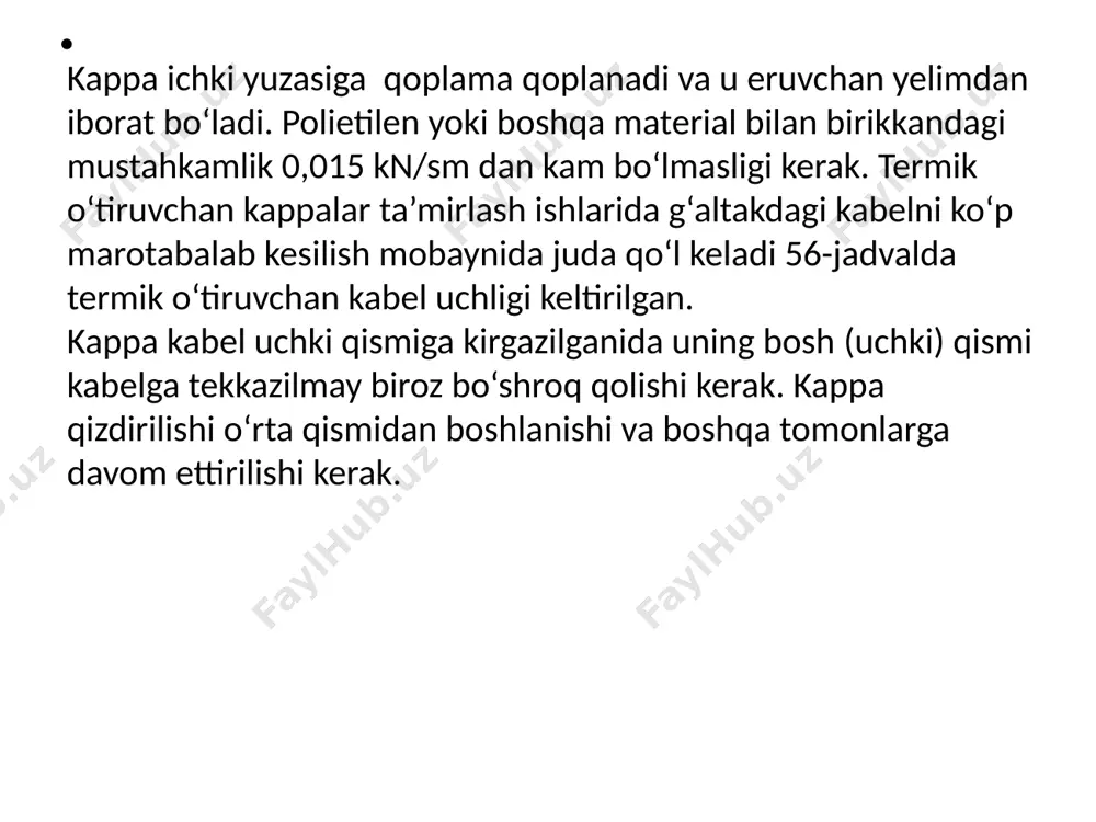 el simlarining burilishi; v – shikastlangan kabel yotqazilgan trassa. ma’lumotlarni qo‘shimcha tarzda berilgan adabiyotlardan foydalangan holda mustaqil o‘zlashtiring image1.png image2.emf image3.emf g‘altak raqami g‘ildirak diametri mm bo‘yin diametri mm bo‘yin uzunligi mm o‘q diametri mm g‘altak massasi kg 5 500 200 230 35 18 6 600 200 250 35 25 8 800 450 230 50 40 10 1000 545 500 50 90 12 1220 650 500 70 120 14 1400 750 710 70 165 16 1600 1200 600 70 290 17 1700 900 750 80 325 18 1800 1120 900 80 485 20 2000 1220 1000 80 700 22 2200 1320 1000 100 950 25 2500 1500 1630 120 1470 30 3000 1800 1800 150 2700 2 1 3 a) t b) н с d issiqlik trassasi muftа металли қувурдан ўтказилган кабел 0,8 м v) /docprops/thumbnail.jpeg