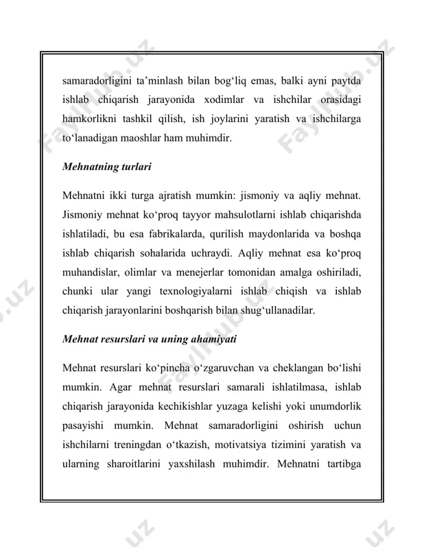 onlarini o‘z ichiga oladi. samarali menejment ishlab chiqarishning rivojlanishini ta’minlaydi, xususan resurslar optimal tarzda taqsimlanishi va ishlab chiqarish jarayonlari to‘g‘ri boshqarilishi kerak. innovatsiyalar va boshqaruv innovatsiyalar ishlab chiqarishning samaradorligini oshirishning yana bir muhim omilidir. yangi boshqaruv usullari, texnologiyalar, mahsulotlar va xizmatlar ishlab chiqarishni takomillashtiradi. innovatsiyalar menejmentning samaradorligini oshirishga yordam beradi, bu esa korxonaning raqobatbardoshligini oshiradi. 5. axborot va bilim resurslari axborot va bilim resurslari ishlab chiqarishda samaradorlikni oshiruvchi yana bir muhim omildir. axborot texnologiyalarining rivojlanishi, yangi bilimlar va ilmiy ishlanmalar ishlab chiqarish jarayonlarini modernizatsiya qilish va optimallashtirishga yordam beradi. axborot texnologiyalarining roli axborot texnologiyalari ishlab chiqarishning barcha sohalarini boshqarishda va muvofiqlashtirishda muhim rol o‘ynaydi. bu texnologiyalar yordamida ishlab chiqarishning barcha bosqichlari samarali boshqariladi, mahsulot sifatini oshirish va xarajatlarni kamaytirish imkoniyati tug‘iladi. bilim resurslarining ahamiyati bilim va axborotlar ishlab chiqarish samaradorligini oshiradi, chunki ular yangi mahsulotlarni ishlab chiqish, eski texnologiyalarni yangilash va bozorda muvaffaqiyatli raqobat qilish uchun zarurdir. 2. omillarni tasniflashni …