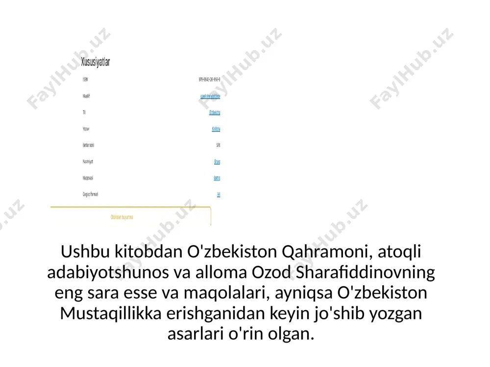 zulfiya (zulfiya isroilova) 1915 yil 1 martda toshkentda tug‘ilgan. 1934 yili ilk she’riy to‘plami chop etilgan. 1935 yili shoira hayot rishtalari shoir h.olimjon hayot rishtalari bilan bog‘lanadi. h.olimjonning bevaqt vafotidan keyin (1944) chop etilgan «hijron kunlarida» nomli she’riy to‘plamiga shoira qalbining abadiy firoq iztiroblari bilan to‘la she’rlari kiritilgan. 50-yillarning 2-yarmida zulfiya osiyo va afrika yozuvchilarining tinchlik va xalqaro birdamlik ostida o‘tgan harakatida faol qatnashadi va shu davrda yozilgan «mushoira» she’ri shoiraga katta shuhrat keltirdi. u mustaqillik yillarida «xotira siniqlari» nomli dostonini yaratdi. zulfiya javoharla’l neru nomidagi va «nilufar» nomli xalqaro mukofotlarga sazovor bo‘gan. shuningdek, «o‘zbekiston qahramoni» unvoni bilan taqdirlangan va uning nomida yoshlar uchun davlat mukofoti ta’sis qilingan. shoira 1996 yil 1 avgustda vafot etgan zulfiya janr/bo‘lim: she`rlar, nazm tuzuvchi : ikrom iskandar muallif: zulfiya nashr yili: 2020 tili: o'zbek (lot) betlar: 128 nashriyot: akademnashr isbn raqami: 978-9943-6361-5-6 muhammad ali (ahmedov muhammadali) 1942 yil 1 martda andijon viloyatining bo‘z tumanida …