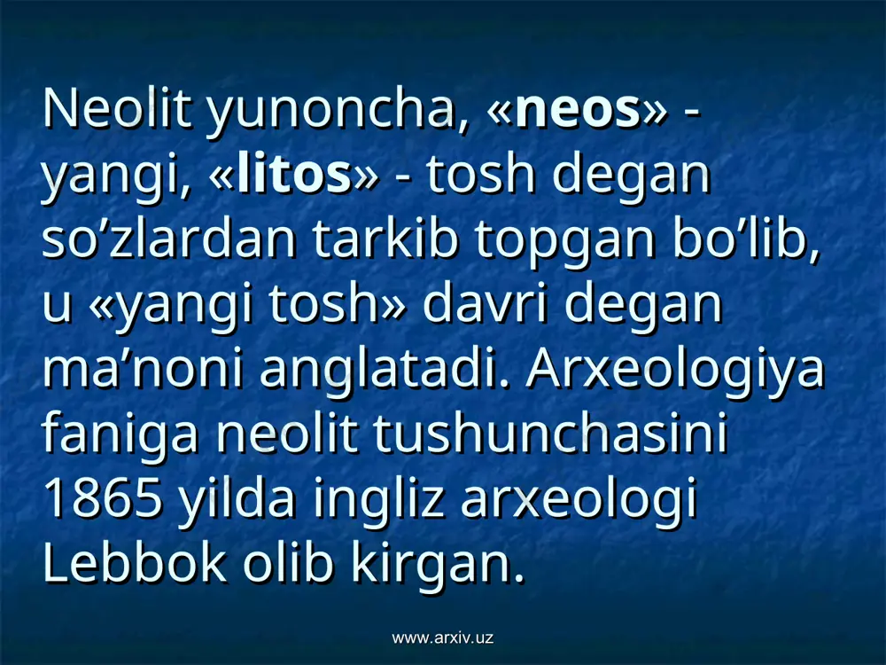 n respublikasining hisor – bobotog’ - qoratog’ oralig’idagi yerlar bo’lib, dastlab o’rganilgan yodgorliklar hisor vodiysidan topilganligi uchun u shu nom bilan ataladi. www.arxiv.uz www.arxiv.uz hisor madaniyatiga mansub bo’lgan yodgorliklar 200 dan ortiq bo’lib, ular miloddan avvalgi v-iii ming yilliklar bilan belgilanadi. www.arxiv.uz www.arxiv.uz markaziy osiyoda eng qadimgi dehqonchilik markazlaridan biri kopetdog’ va qoraqum oralig’idan (turkmaniston) topilgan. www.arxiv.uz www.arxiv.uz nayzatepa, qadimtepa, joytun va boshqa qator ibtidoiy dehqonlar manzilgohlari jоytun madaniyati nomi bilan ataladi. bu madaniyatga mansub qabilalar miloddan avvalgi vi-v ming yilliklarda yashab, asosan dehqonchilik, chorvachilik, qisman ovchilik bilan shug’ullangan. www.arxiv.uz www.arxiv.uz joytun madaniyatiga mansub qabilalar paxsa va guvalasomon aralashtirib qurilgan uylarda yashab, bo’yoq bilan naqshlangan idishlardan foydalangan. www.arxiv.uz www.arxiv.uz markaziy farg’ona hududida ham neolit yodgorliklari topilgan. arxeologlar bu erda 80 ga yaqin neolit makonlarini o’rganadilar. ular arxeologiya faniga “markaziy farg’ona neoliti” nomi bilan kiritilgan. www.arxiv.uz www.arxiv.uz markaziy farg’ona hududida yashagan qabilalar xo’jaligi baliqchilik, ovchilik va termachilikdan iborat bo’lgan. www.arxiv.uz www.arxiv.uz