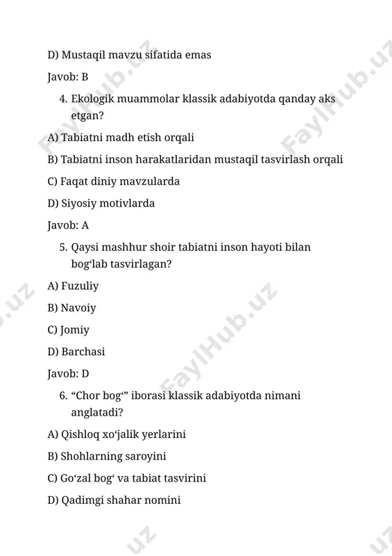 yaroqsiz joy sifatida d) siyosiy ramz sifatida javob: a 13. klassik adabiyotda bog‘ va gulning timsollari nimani bildiradi? a) boylik va hokimiyatni b) go‘zallik va muhabbatni c) quvonch va tashvishni d) diniy aqidalarni javob: b 14. ekologik muammolarni hal etish haqida birinchi bo‘lib kim yozgan? a) ibn sino b) navoiy c) aristotle d) jomiy javob: a 15. klassik adabiyotda yomg‘ir nimani anglatadi? a) yangi hayot va hosildorlikni b) baxtsizlikni c) sanoat rivojlanishini d) siyosiy beqarorlikni javob: a 16. “gul va bulbul” obrazi qanday ma’no beradi? a) muhabbat va sadoqat timsoli b) diniy tushuncha c) ijtimoiy adolatsizlik ramzi d) siyosiy mafkura javob: a