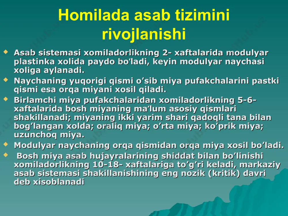 iladi tovush chiqqan tomonga qaraydi ruhiyat vа хаrаkаtlаrning rivоjlаnishi. 5-6 оylikdа fiziologik muskullarni tarangligi yo'qoladi o’zi orqasidan aylanib qorni bilan yotadi qorni bilan yotganda yozilgan qo’llarini tirab boshini va ko’krak qafasini ko’taradi. o’zicha o’yinchoqlarni olib o’ynaydi. tovush chiqqan tomonga boshini aylantirib qaraydi unli tovushlar chiqaradi, ba'zan aloxida suz bo’g’inlari «ba», «ma», «bu» larni aytadi moro refleksi yo'qoladi 7-8 оylikdа utiradi, orqa bilan yotganda utirishga xarakat qiladi yordam berilsa oyog’ida tik turadi va biron narsani ushlab tura oladi ota-onasiga va tanishlarga qo’lini cho’zadi, chapak chaladi, tanish ovozlarni biladi qulog’i oldida soatni chiqillashini eshitib turadi, notanish odamdan qo’rqadi yangi narsalarni ko’rganda unga qaraydi va qiziqadi so’zlarni qo’sha boshlaydi. tutib turuvchi refleks yo’qoladi. ruhiyat vа хаrаkаtlаrning rivоjlаnishi. 9 -10 оylikdа bola emaklaydi, o’rnidan tik turadi panjaralarni ushlab turadi bitta qo’lidan ushlab turilsa, tik turadi . yotgan xolatdan bir qo’liga suyanib utirib oladi. uyinchoqlarni bir yerga yig’adi yaxshi ko’rgan uyinchoqlarini ajratadi, «da-da», «oyi», «aka» …