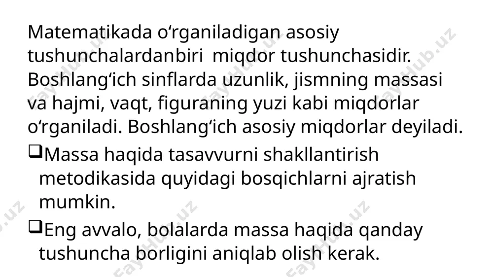 hodisaning boshlanishini uning oxiri va boshlanishi bilan oxiri orasidagi o‘tgan vaqtga ko‘ra topishga doir masalalar. berilgan hodisalar orasida o‘tgan vaqtni hisoblashga oid masalalar. bu o‘zaro teskari masalalarni bir vaqtga kiritiladi va yechishga o‘rgatiladi. boshlang‘ich ta’lim matematika fanida asosiy miqdorlarga doir masalalar yechish orqali o‘quvchilarda har qanday muammoga bir nechta yechim borligi to‘g‘risida bilim, ko‘nikma, malaka va kompetensiya hosil bo‘ladi. qolaversa, ularda tashabbuskorlik, birdamlik, hamjihatlik, vijdoniylik, e’tiqodlilik, vatanparvarlik, mehnatsevarlik kabi insoniy xususiyatlar shakllanib boradi. kelajakda fidoyi, jonkuyar, ma’nan yetuk, har tomonlama rivojlangan barkamol shaxs bo‘lib yetishadilar. e’tiboringiz uchun raxmat image1.png image2.jpeg image3.png image4.png image5.png image6.png image7.png image8.png image9.png image10.png image11.png image12.png image13.png image14.png image15.png /docprops/thumbnail.jpeg