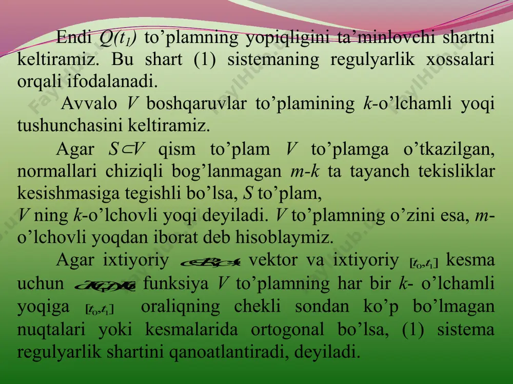 (1) sistema uchun ikki nuqtali tez harakat masalasini qaraymiz: shunday u * (t)u boshqaruvni topish talab qilinadiki, unga mos x * (t) trayektoriya, t 0 ,t 1 vaqt momentlarida berilgan x 0 ,x 1 nuqtalardan o’tsin, ya’ni )()(,)( 101* 1 *0 0 * xxxtxxtx  shartlar bajarilsin va t 1 -t 0 o’tish vaqti minimal bo’lsin. bunda u * (t) ga optimal boshqaruv, x * (t) ga optimal trayektoriya, * 1 t ga optimal vaqt momenti (tez harakat momenti) deyiladi. )),(),(( * 1 ** ttxtu esa masalaning yech imidir. qaralayotgan masalani qisqacha,            utu xtxxtx tttutbxtax tt )( ,)(,)( ],[,)()( min 1 1 0 0 10 01  (12) ko’rinishda belgilaymiz. 1-teorema. faraz qilaylik, (1) sistema regulyarlik shartini qanoatlantirsin. )),(),(( * 1 ** ttxtu - (12) masalaning yechimi bo’lsin. u vaqtda: 1) * 1 t optimal vaqt momenti 0)(),(max),(min 0 …