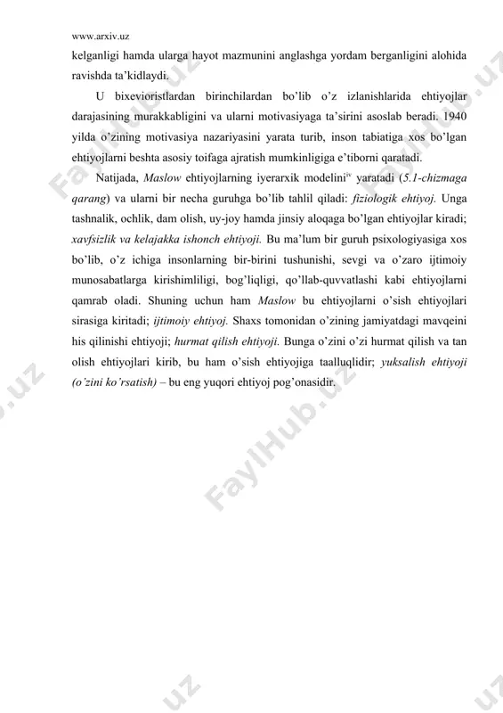 – intilish – yetishish” jarayoni qayta-qaytadan takrorlanaveradibarcha yuqori ehtiyoj ko’rsatgichlari qat’iy iyerarxik tuzilishlar orqali amalga oshadi. maslowning fikricha, ehtiyojning yuqori pog’onasi, uning pastki pog’onasi (fiziologik, xavfsizlik va himoya) qondirilgandagina yuzaga chiqadi 3. rokeach va uni izdoshlarining taklif etgan qadriyatlar reyestri insoniy qadriyatlarni tadqiq qilishda asosiy e’tibor inson erishishga intiladigan eng muhim maqsadlarga qaratiladi. qadriyatlar insonning ehtiyojlari bilan chambarchas bog’liq bo’lsa-da, nisbatan realroq darajada mavjud bo’ladilar. ular nafaqat shaxsiy, balki ijtimoiy institusional asl ehtiyojlarning intellektual ro’yobga chiqarilishidir. boshqacha qilib aytganda, bu bizning o’zimiz istagan va orzu qilgan narsalar haqidagi fikrlashimizdir. qadriyatlarning ikki xil turi bor: maqsadli (terminal) va vositali (instrumental) qadriyatlar. terminal (maqsadli yoki pirovard) qadriyatlar – o’zimiz intiladigan maqsadlar va holatlar haqidagi fikrlarimizdir (baxt, donishmandlik va hokazo). instrumental (vositali yoki bilvosita) qadriyatlar esa terminal qadriyatlarga erishish uchun biz qo’llaydigan xulq-atvor shakllari haqidagi tasavvurlarga taaluqlidir (halol bo’lish yoki o’z zimmasiga majburiyat olish). qadriyatlar madaniyat vositasida qo’lga kiritiladi, shu sababli biror jamiyatning …