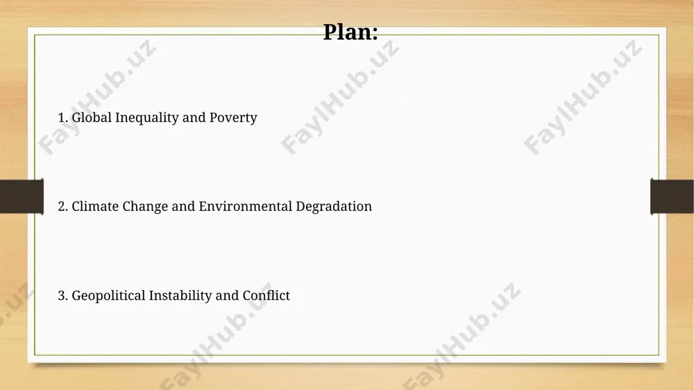 in rural areas heavily reliant on rain-fed agriculture, leading to severe food insecurity and malnutrition in vulnerable populations. global health crises and pandemics the covid-19 pandemic, causing over 6 million deaths and impacting nearly every country, highlighted critical weaknesses in global healthcare infrastructure, particularly concerning equitable access to vaccines and treatments. non-communicable diseases (ncds), such as cardiovascular diseases, cancers, and diabetes, account for over 70% of global deaths annually, placing a massive strain on healthcare systems and disproportionately affecting low-income populations. thank you for your attention @taqdimot_robot image7.jpg image8.jpg image9.jpg image10.jpg image11.jpg image3.png image4.png