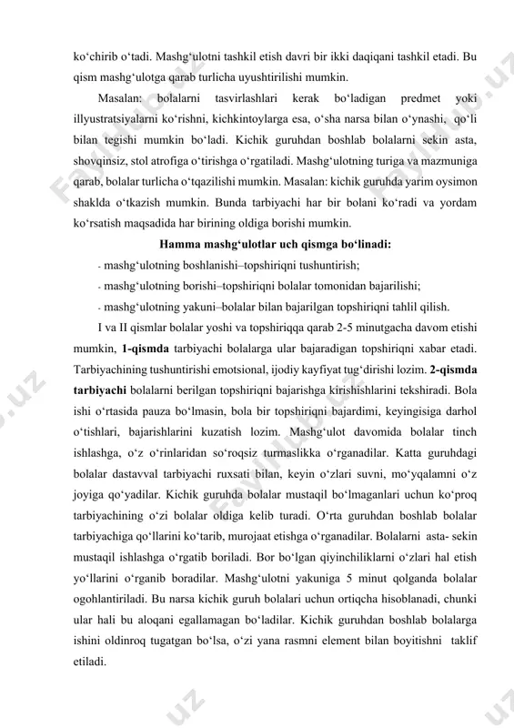 znoma qilib osiladi. bolalar devoriy ro‘znomadagi ishlarini yaxshilab ko‘rib chiqadilar. tarbiyachi bolalarning fikrlarini so‘raydi va bolalar ishlariga umumiy baho beradi. mashg‘ulotdan so‘ng bolalarga o‘z ishlarini ko‘rib chiqish uchun yana bir bor imkoniyat yaratib beradi. agar mashg‘ulot cho‘zilib, vaqt qolmasa, sayrdan keyin yoki kunning ikkinchi yarmida amalga oshirish mumkin. bolalar ishlarida tarbiyachi ota-onalar uchun burchak tashkil etadi va bolalar ishlarini u yerda keyingi mashg‘ulotgacha qoldiradi. albatta, ular dastavval yaxshilab bezatiladi. ularni turlicha bezatish mumkin. agar burchak tashkil etishni iloji bo‘lmasa, bolalar ishidan albom qilinadi. bittadan varaq bir kishiga ajratiladi va varaq ustiga konvert yopishtiriladi. bolaning ismi yozib qo‘yilib, shu konvertga bolaning har bir bajargan ishi qo‘yiladi. aralash yosh guruhlarda mashg‘ulotni tashkil etish o‘ziga hos xususiyatga egadir. bu guruhni 2-3 yuqori guruhga bo‘lib, har biri uchun o‘zining dastur mazmuni aniqlanadi. (bolalarning hammasi, birgalikda, bir vaqtda, bir faoliyat bilan shug‘ullansa ham). ta’lim–maktabgacha tarbiya yoshidagi bolalarni elementar bilimlar tizimini bilan tanishtirishda, maktabgacha ta’lim muassalari …