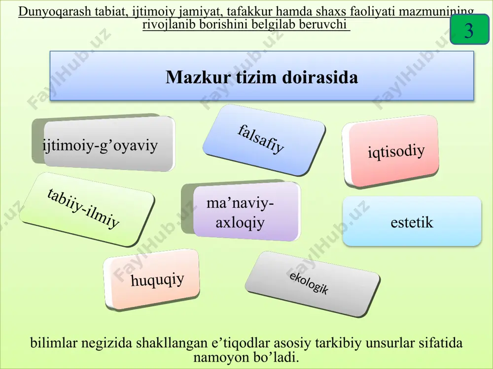 8 ilmiy qarash (yunoncha «idea»- gʼoya, tasavvur, tushunchalar yigʼindisi) - muayyan hodisa, jarayonning mohiyatini yorituvchi, ilmiy jihatdan asoslangan fikr, gʼoya boʼlib, u shaxs tomonidan mavjud ilmiy bilimlar tizimi puxta oʼzlashtirilganda, oʼquvchilarni ijodiy fikrlashga oʼrgatish, ixtirochilik koʼnikmalarini shakllantirish ular tomonidan ilmiy izlanishlarni olib borish va maʼlum ilmiy qarashlarni ilgari surilishiga zamin yaratadi. bilimlarni bir-biri bilan taqqoslash solishtirish predmet hodisa jarayon mohiyatini tahlil qilish natijasida yuzaga keladi. 9 аqliy tarbiyani samarali tashkil etish shaxsda ilmiy tafakkurning yuzaga kelishini taʼminlaydi. ilmiy tafakkur – inson aqliy faoliyatining yuksak shakli sanalib, ijtimoiy voqea-hodisalar, jarayonlarga nisbatan ilmiy yondashuvni anglatadi. eʼtiqod - dunyoqarash negizida aks etuvchi ijtimoiy - falsafiy, tabiiy, iqtisodiy, huquqiy, maʼnaviy-axloqiy, estetik hamda ekologik bilimlarning takomillashgan koʼrinishi; muayyan gʼoyaga cheksiz ishonch boʼlib, uning shakllanishi bir necha bosqichda kechadi. birinchi bosqichda ular beqaror va vaziyat taqozosiga koʼra oʼzgaruvchanlik xususiyatini kasb etadi. ikkinchi bosqichda maʼnaviy-axloqiy qarashlarning barqaror tamoyillariga aylanadi. mavjud talab, jamiyat tomonidan tan olingan axloqiy qoidalardan …