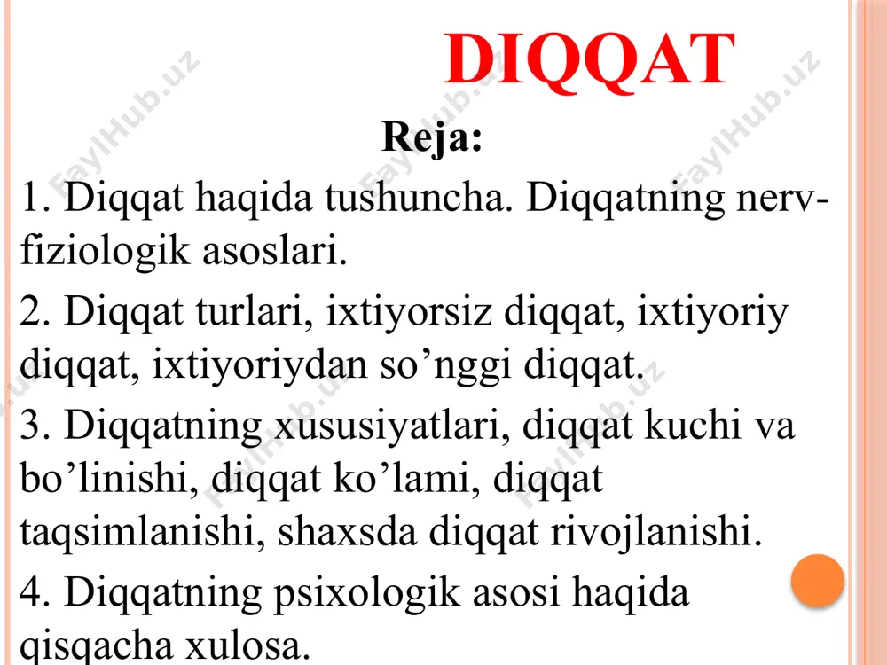 to’planishidan iborat bilish jarayonidir. yo’naltirish deganda psixik faoliyatning tanlovchanlik tabiati, ob'ektni ixtiyoriy va beixtiyoriy tanlash tushuniladi. psixik faoliyatning yo’naltirilishi deganda ana shu tanlashgina tushunilib qolmay, balki ana shu tanlanganni saqlash va qo’llab-quvvatlash tushuniladi. diqqat sezish jarayonida, idrok qilishda, xotira, xayol va tafakkur jarayonlarida har doim ishtirok etadi. diqqat barcha aks ettirish jarayonlarimizning doimiy yo’ldoshidir. diqqat barcha psixik jarayonlarimizda qatnashsa ham, lekin diqqatning o’zi hech narsani aks ettirmaydi. odam biror narsaga zo’r diqqat bilan kirishgan paytida uning tashqi qiyofasida ayrim o’zgarishlar ko’zga tashlanadi. demak, diqqat odatda o’zining sirtqi ya'ni tashqi alomatlariga egadir. birinchidan, diqqat qaratilgan narsani yaxshi idrok qilish uchun unga muvofiqlashishga urinishdan iborat harakatlar (tikilib qarash, quloq solish) qilinadi. ikkinchidan, ortiqcha harakatlar to’xtaydi. jiddiy diqqatning xususiyatlaridan biri qimirlamasdan jim turishdir. masalan, auditoriya va teatr zalidagi jimlik diqqat vaqtidagi harakatsizlik natijasi bo’lib, bu jimlik odamlar ma'ruzachini yoki artistni zo’r e'tibor bilan tinglashayotganini anglatadi. uchinchidan, kuchli diqqat paytida kishining nafas olishi sekinlashib …