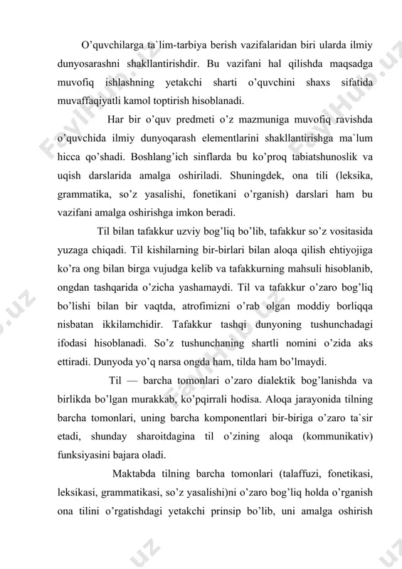 ari uchun ilmiy asos yaratadi. tilning mohiyatini bunday idrok etish hodisalarning rivojlanuvchanligi va o’zaro bog’langan qismlardan tuzilishini tushunishga zamin bo’ladi. maktab tajribasi va maxsus tekshirishlar shuni ko’rsatadiki, yuqorida qayd etilgan dastlabki qoidalarni o’quv jarayonida amalga oshirishda: ijtimoiy hodisa sifatida til haqidagi bilimlar kompleksini to’g’ri tanlash, asosiy til hodisalari va kategoriyalarini tushuntirishda o’qituvchining tutgan metodologik yo’lining aniqligi, o’quvchilar aqliy faoliyatini faollashtirish, til nazariyasini o’rgatishga asos bo’ladigan til materialining yuqori sifatli bo’lishi kabi dalillar hal qiluvchi ta`sir etadi. shubhasiz, har bir omil maktab tajribasida bir-biridan ajralgan holda bo’lmaydi. aksincha, ularning bir-biriga turri, maqsadga muvofiq ta`siri kjobiy natija beradi. ulardan ba`zilari haqida, avvalo, ijtimoiy hodisa sifatida til bilan tanishtirish haqida to’xtalamiz. tilning ijtimoiy moqiyati uning aloqa funksiyasini bajarishida ko’rinadi. uning jamiyat hayotidagi rolini aniq tushunishga yordam berish uchun: birinchidan, o’quv jarayonida har bir til birligining nutqimizdagi rolini o’quvchilar o’zlashtirishini ta`minlash zarur. o’quvchilar tilning aloqa funksiyasini tilning asosiy birliklari (fonema, morfema, so’z, so’z birikmasi, …