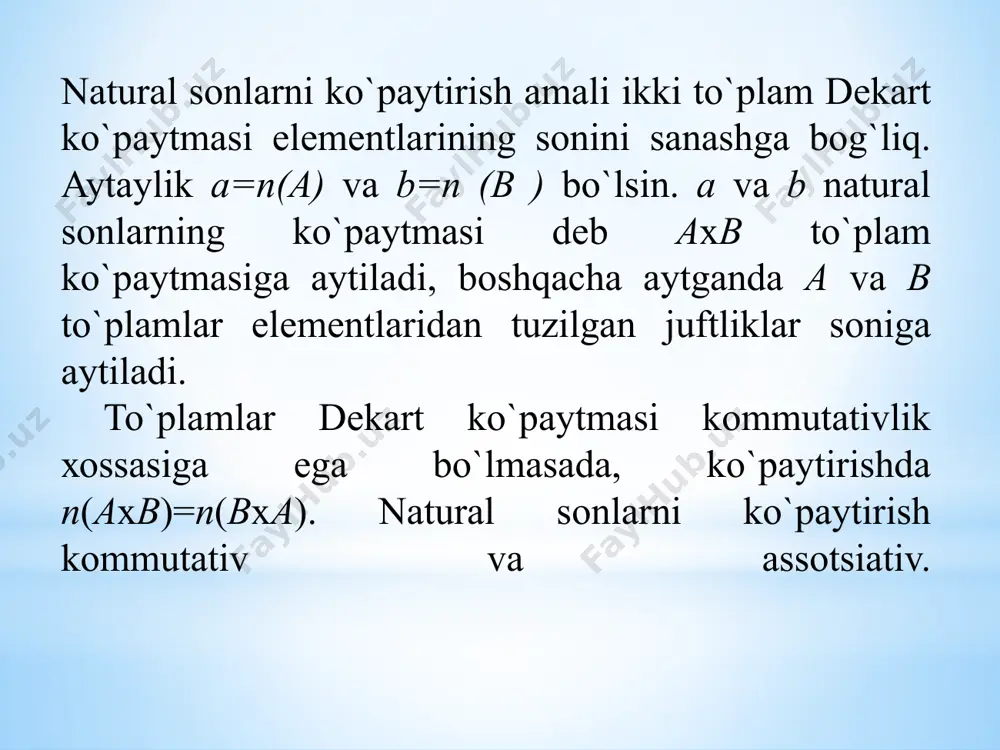lsin. a sonning b soniga ko’paytmasi deb, har biri a ga teng bo’lgan b ta qo’shiluvchining yig’indisiga aytiladi. ab = bundan a∙1= a vaa∙0 = 0 ekanligi kelib chiqadi. bu ta’rif a = n(a), b = n(b), a∧b =∅bo’lgana×b dekart ko’paytma elementlarini sanash malum bir qonuniyatga asoslanishiga bog’liq. misol. a = {a; b; c}, b = {x; y; z; t}. a×b dekart ko’paytmani quyidagi jadval ko’rinishida yozamiz: dekart ko’paytma elementlarini ustunlar bo’yicha sanasak, 3×4 = 3 + 3 + 3 + 3=12 ga ega bo’lamiz. (a; x) (a;y) (a; z) (a; t) (b; x) (b; y) (b ; z) (b; t) (c; x) (c;y) (c; z) (c; t) 1. ko’paytirishning kommutativlik va assotsiativlik qonunlaridan foydalangan holda 4•4•4•25•5 ifodaning qiymatini qulay usul bilan hisoblang. 2. 569•371 + 170•569 + 569•459 = 569•371 + 569•170 + 569•459 = 569•(371 + 170 + 459) = 569•[(371 + 459) + 170] = 569 • …