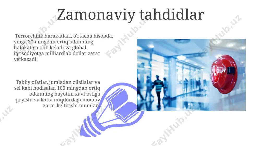 sizlik, bekor qilish) beriladi va ularni bilish har bir fuqaro uchun muhimdir. bu sizga 2 daqiqa ichida to'g'ri reaksiya qilish imkoniyatini beradi. fuqaro muhofazasi tushunchasi o'zbekistonda fuqaro muhofazasi bo'yicha o'qitish dasturlari 500 mingdan ortiq odamni qamrab olgan bo'lib, ularning favqulodda vaziyatlardagi tayyorgarlik darajasini oshiradi. fuqaro muhofazasi rejalari aholining 70% dan ortig'ini qamrab oladi va ular favqulodda vaziyatlarda harakatlarning samaradorligini oshirishga qaratilgan. oziq-ovqat va suv ta'minoti 01 02 konservalangan mahsulotlar, quritilgan meva-sabzavotlar va uzoq muddat saqlanadigan boshqa oziq-ovqatlar favqulodda vaziyatlar uchun ideal zaxira hisoblanadi, ularning saqlash muddatini nazorat qilish muhim. sales 1st qtr 2nd qtr 100 0 sales 1st qtr 2nd qtr 100 0 terrorizm va ekstremizmga qarshi kurash terrorizm va ekstremizmga qarshi kurashda 2000 yildan beri 5000 dan ortiq xalqaro terrorchilik hujumlari qayd etilgan bo'lib, ularda minglab odamlar halok bo'lgan va yaralangan. terrorizm va ekstremizmga qarshi kurashda profilaktika choralari, shu jumladan, aholi orasida huquqiy bilimlarni oshirish va ekstremizmga qarshi immunitetni …