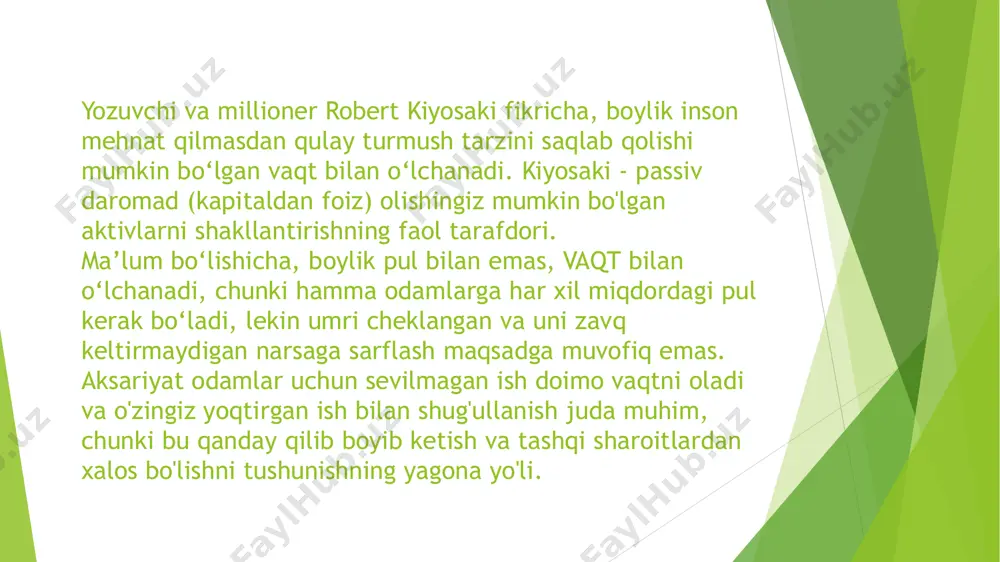 ngizsiz ko'payadigan yaxshi investitsiya qilingan kapital:  bank depozitlari; investitsiyalar; qimmatli qog'ozlarni sotib olishdan olingan dividendlar; ko'chmas mulkni ijaraga berish; tarqatish faoliyatida tarmoqni qurish; internet-resurslarga havolalar.  bir nechta passiv daromad manbalari istalgan vaqtda ishdan bo'shatish va farovon hayotni davom ettirish imkonini beradi.  o'z biznesingizni yarating  katta moliyaviy investitsiyalar barcha faoliyat uchun zarur emas. juda ko'p muvaffaqiyatli korxonalar minimal kapital yoki umuman pulsiz yaratilgan. talab qilinadigan mahsulot yoki xizmatga ega bo'lish muhimroqdir. har bir inson noyob bilim yoki ko'nikmalarga ega. sizda qandaydir iste'dod yoki dadil biznes g'oyangiz bor. agar investor topishning iloji bo'lmasa, kichikdan boshlang va asta-sekin kengaytiring.  vositachi bo'ling  agar muloqot sizning qobiliyatingiz bo'lsa, vositachilik xizmatlarini taklif qiling. siz hech narsa investitsiya qilmaysiz yoki sotmaysiz, lekin har bir operatsiyadan ma'lum foiz miqdorida daromad olasiz. ko'pchilik xizmatlar, tovarlarni qidirishga vaqtlari yo'q, ular murakkab muzokaralar paytida vositachining yordamiga muhtoj. bu juda mashhur xizmat bo'lib, unda siz hech …
