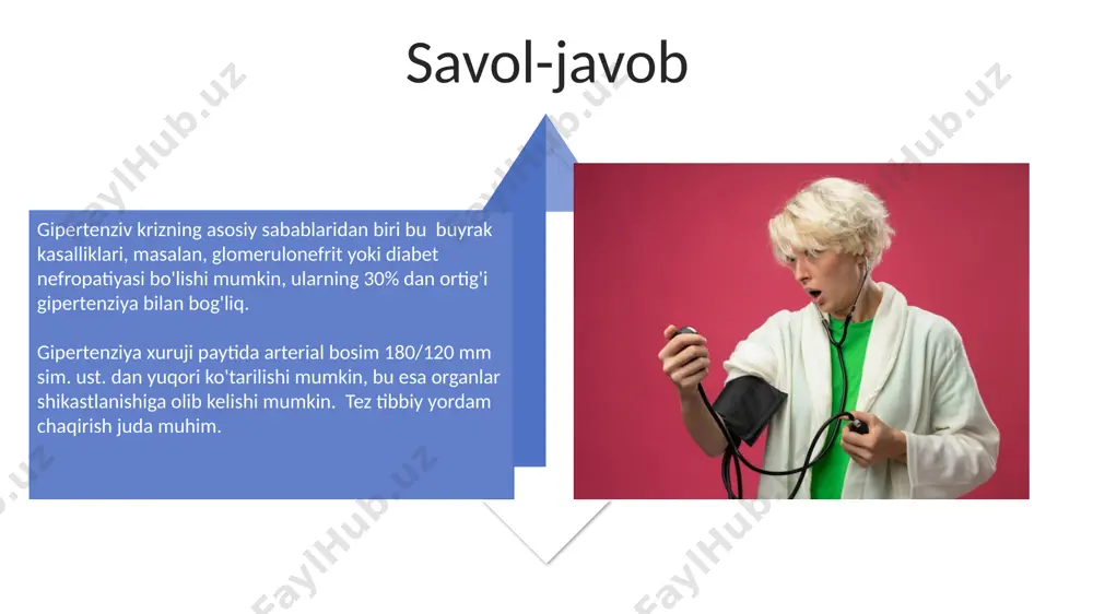 yurak-qon tomir hodisalari xavfi 2-3 baravar ortadi, bu esa oʻlim xavfini oshiradi. gipertenziv kriz paytida sistola qon bosimi 180 mm hg dan yuqori va/yoki diastolik qon bosimi 120 mm hg dan yuqori boʻladi, bu esa shoshilinch tibbiy yordamni talab qiladi. hayot tarzini o'zgartirish sog'lom ovqatlanish rejimi, kuniga kamida 5 marta meva va sabzavot iste'mol qilish qon bosimini 5-10 mm hg gacha pasaytirishi mumkin. chekishni tashlash va alkogol iste'molini kuniga 2 ta ichimlikdan kamroqqa kamaytirish qon bosimini sezilarli darajada pasaytiradi va qon tomir kasalliklari xavfini kamaytiradi. e'tiboringiz uchun rahmat @taqdimot_robot image4.jpg image5.jpg image6.jpg image7.jpg image8.jpg image9.jpg image10.jpg image11.jpg image12.jpg image13.jpg image14.jpg image15.jpg image16.jpg image17.jpg image3.png image18.jpg image19.jpg image20.jpg image1.jpeg image2.jpeg